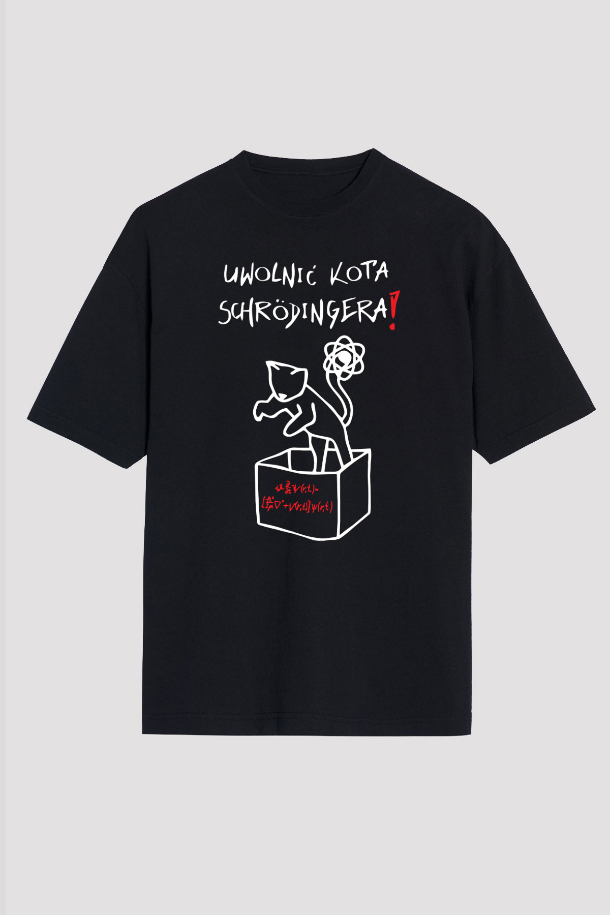 Schrödingerin Kedisi  Baskılı Unisex Siyah Oversize Tişört
