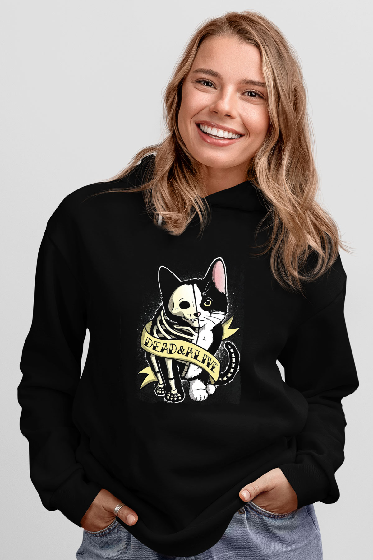 Schrödingerin Kedisi Canlı Ölü Baskılı Unisex Siyah Kapüşonlu Sweatshirt