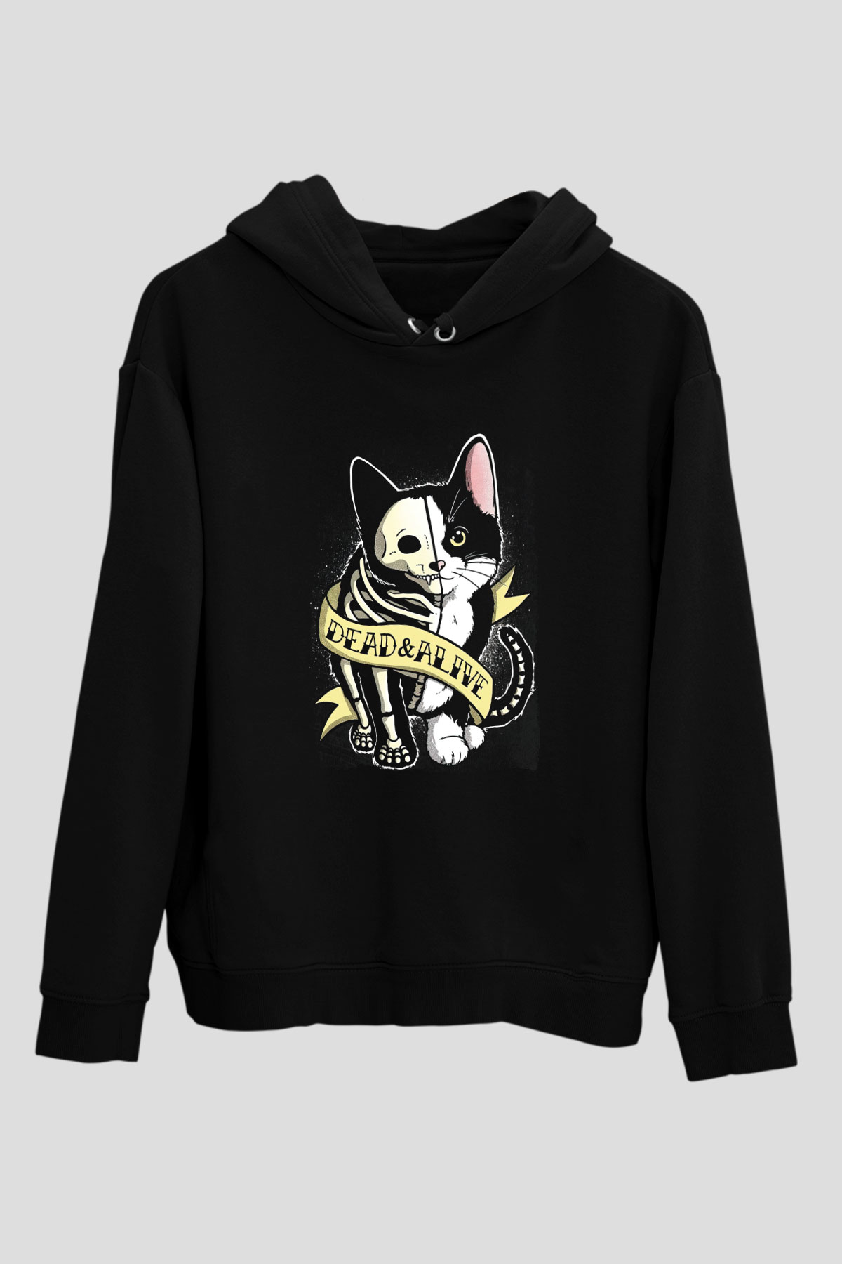 Schrödingerin Kedisi Canlı Ölü Baskılı Unisex Siyah Kapüşonlu Sweatshirt