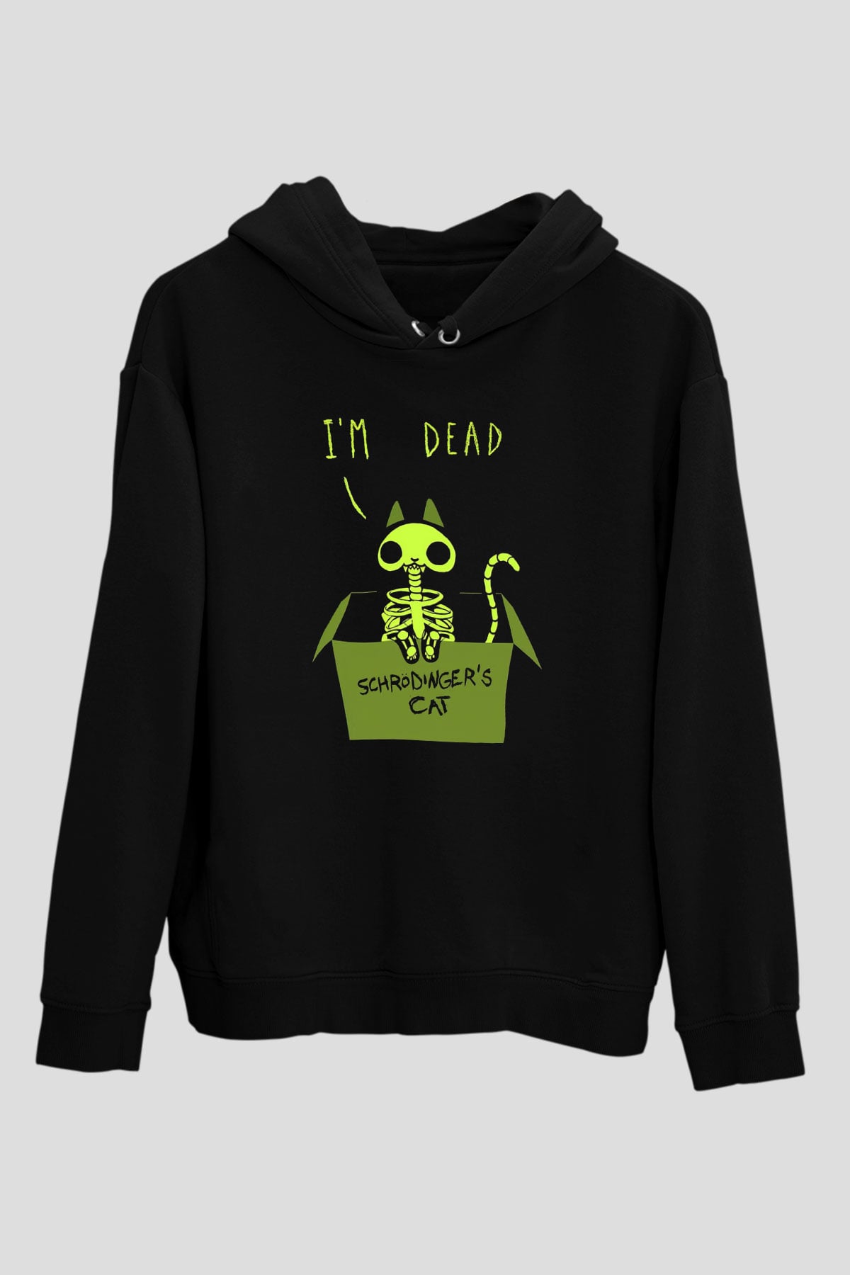 Schrödingerin Kedisi İskelet Baskılı Unisex Siyah Kapüşonlu Sweatshirt