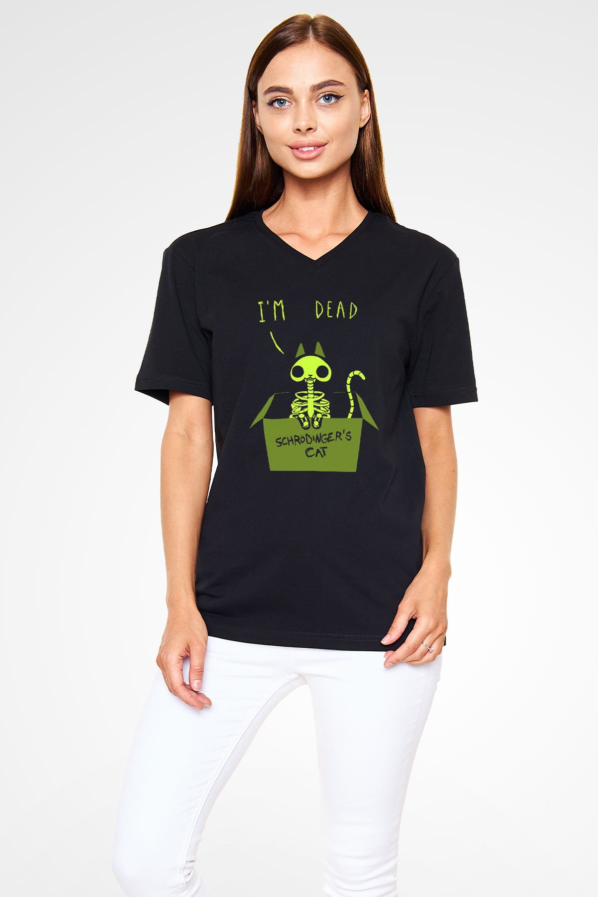 Schrödingerin Kedisi İskelet Baskılı Unisex V Yaka Siyah Tİşört - Tshirt