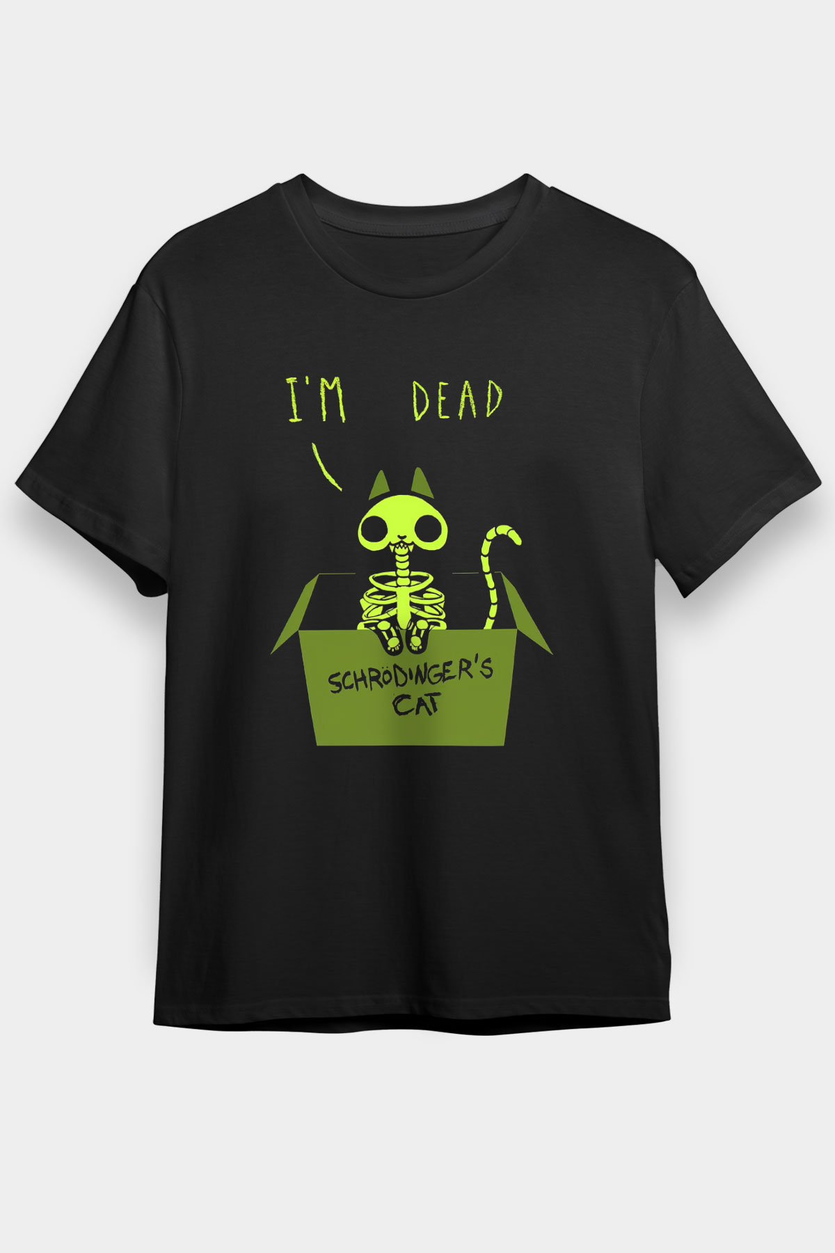 Schrödingerin Kedisi İskelet Baskılı Unisex Siyah Tişört - Tshirt