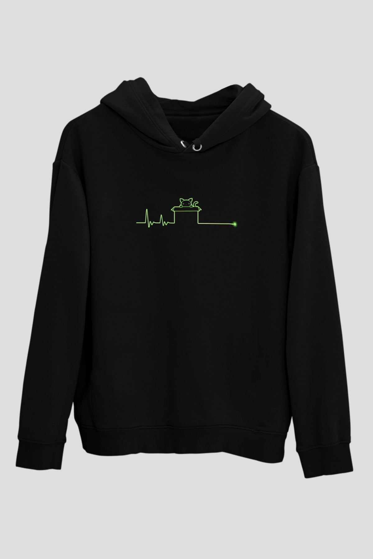 Schrödingerin Kedisi Kalp Ritmi Baskılı Unisex Siyah Kapüşonlu Sweatshirt
