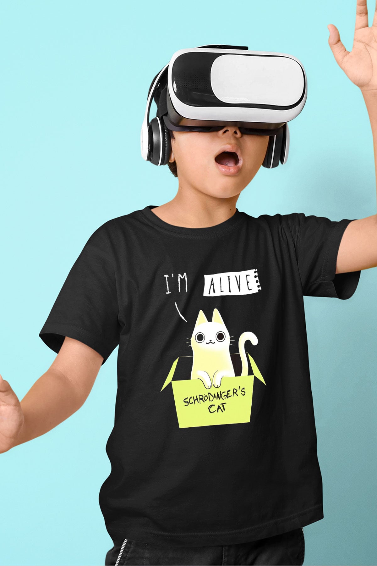 Schrödingerin Kedisi Kutu Baskılı Unisex Siyah Çocuk Tişörtü - Tshirt