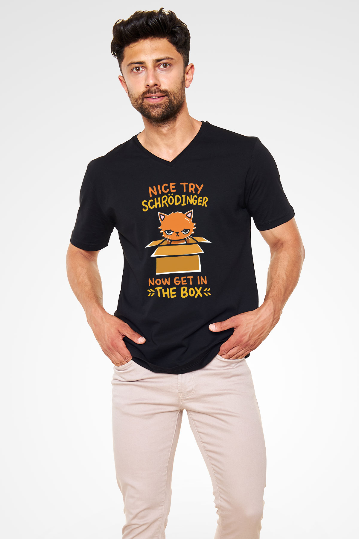 Schrödingerin Kedisi Kutuda Baskılı Unisex V Yaka Siyah Tİşört - Tshirt