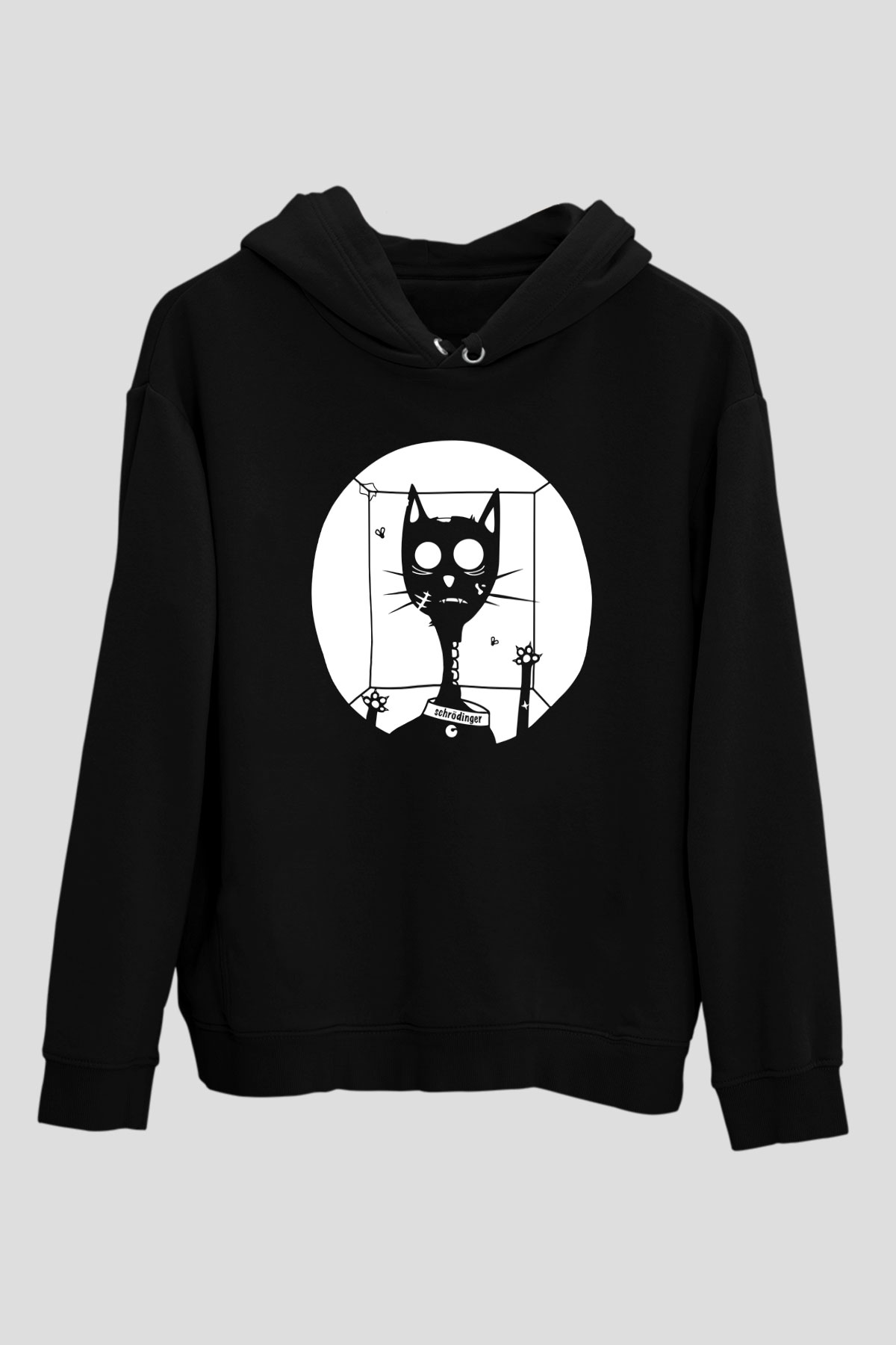 Schrödingerin Kedisi Kutuda Baskılı Unisex Siyah Hoodie