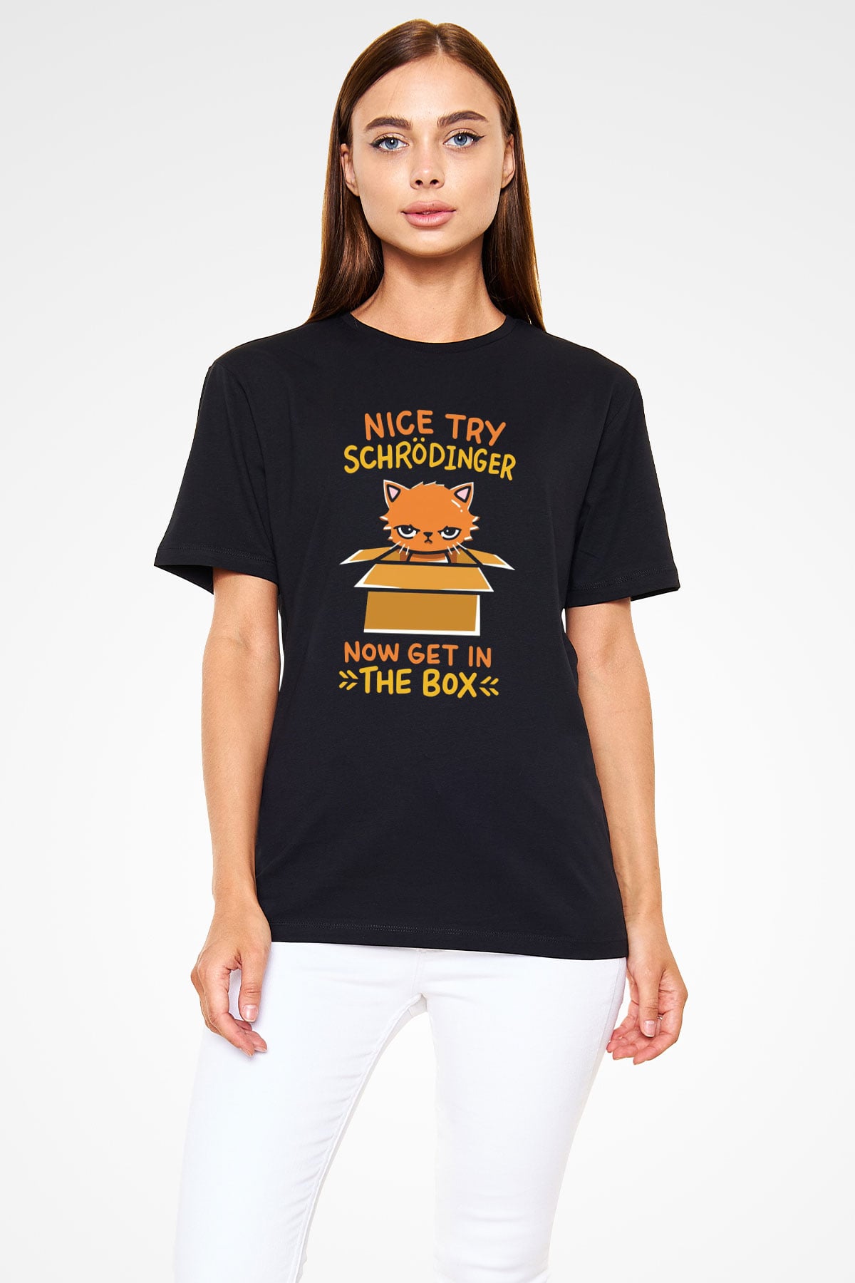 Schrödingerin Kedisi Kutuda Baskılı Unisex Siyah Tişört - Tshirt