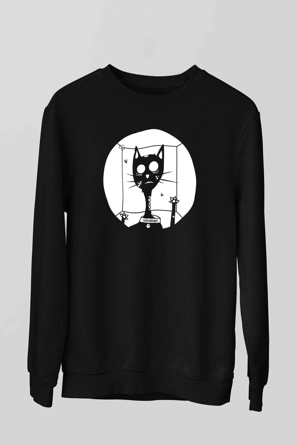 Schrödingerin Kedisi Kutuda Baskılı Unisex Siyah Sweatshirt
