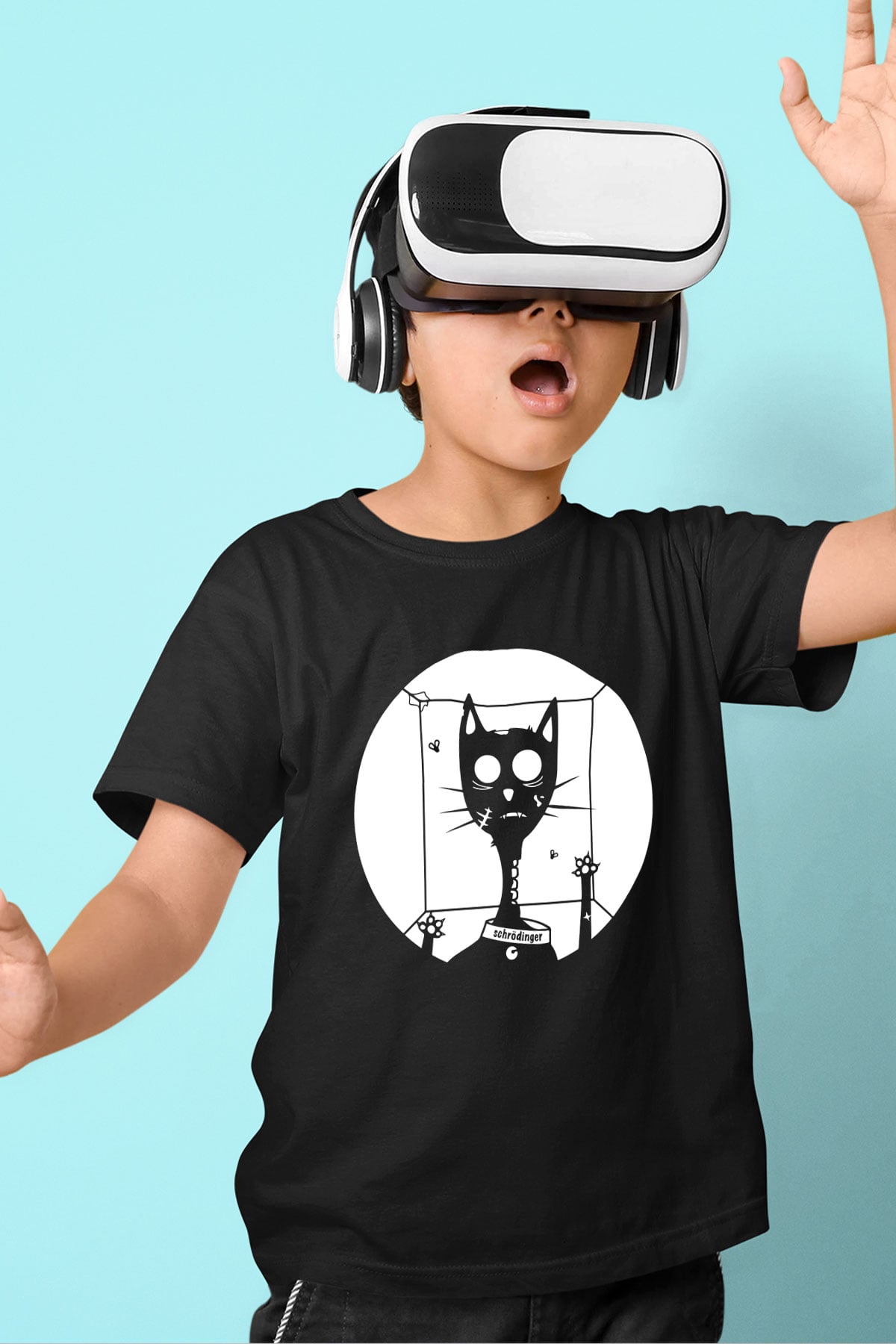 Schrödingerin Kedisi Kutuda Baskılı Unisex Siyah Çocuk Tişört