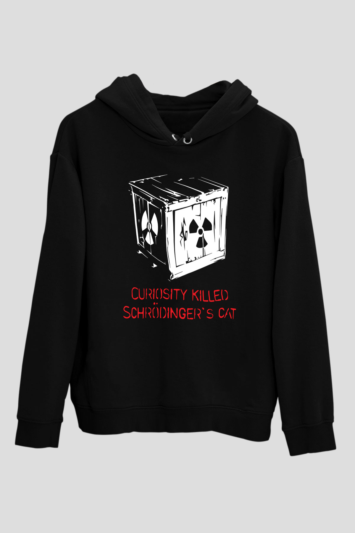Schrödingerin Kedisi Kutuda  Baskılı Unisex Siyah Hoodie