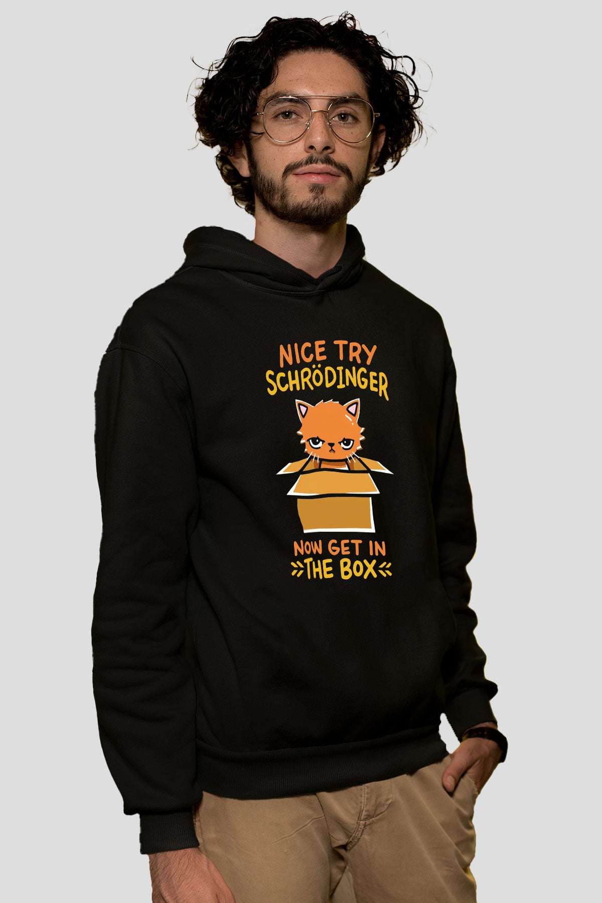 Schrödingerin Kedisi Kutuda Baskılı Unisex Siyah Kapüşonlu Sweatshirt