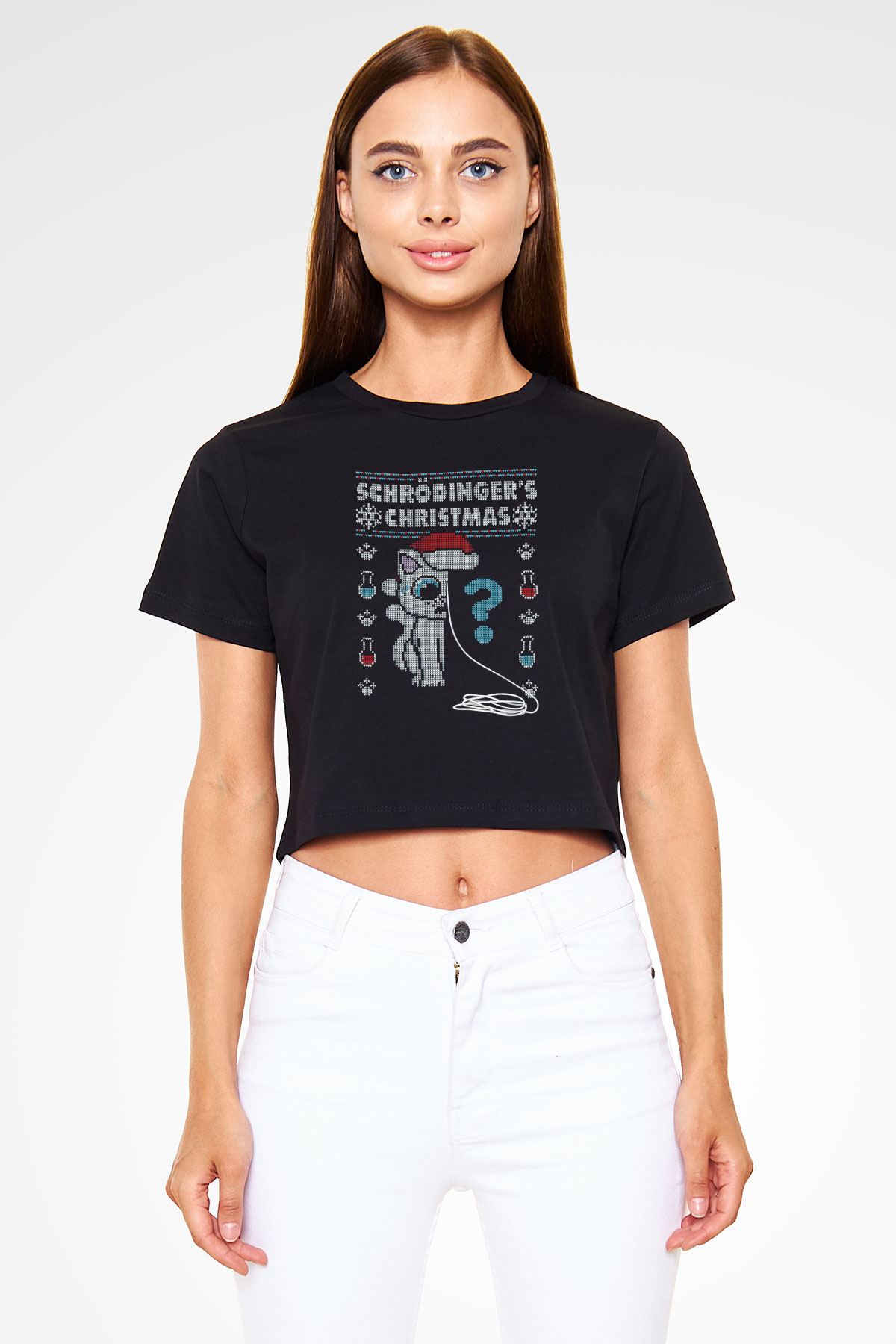 Schrödingerin Kedisi Noel Baskılı Crop Top Kadın Tİşört - Tshirt