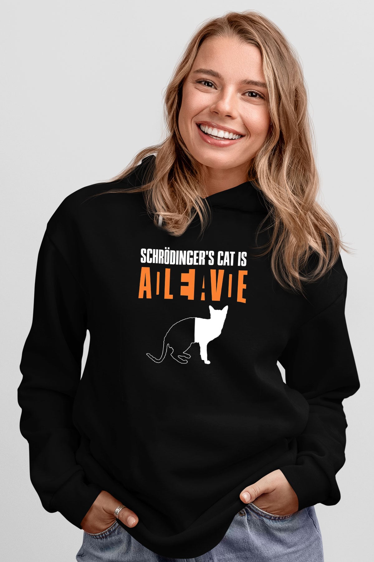 Schrödingerin Kedisi Ölü Canlı Baskılı Unisex Siyah Kapüşonlu Sweatshirt