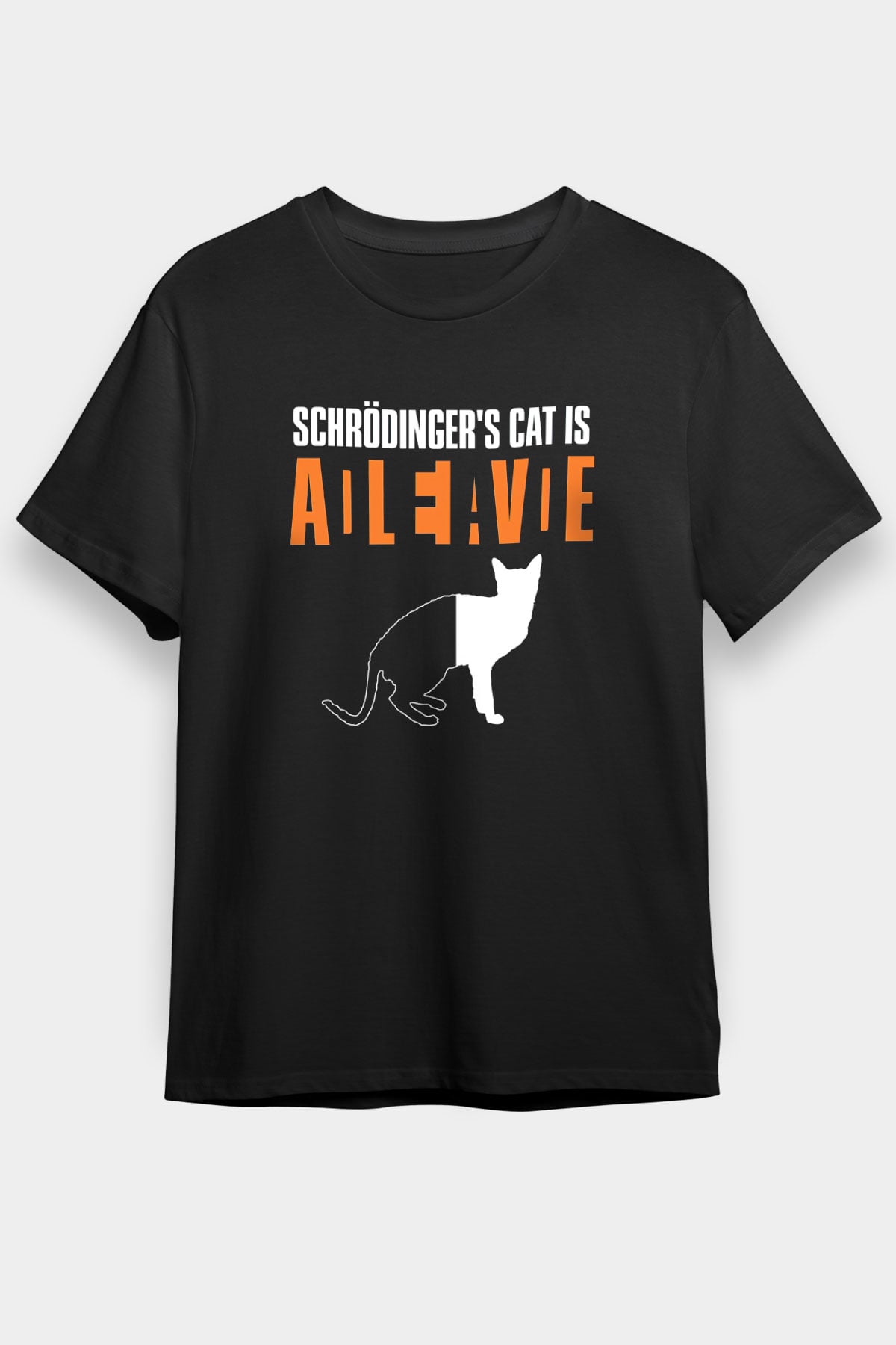 Schrödingerin Kedisi Ölü Canlı Baskılı Unisex Siyah Tişört - Tshirt