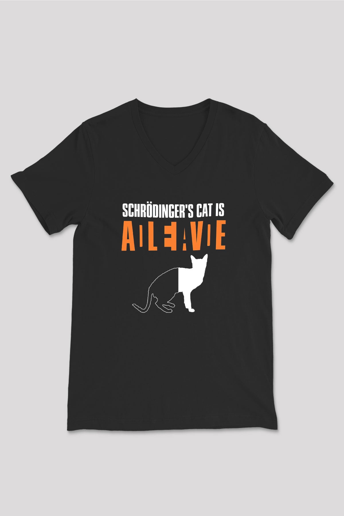 Schrödingerin Kedisi Ölü Canlı Baskılı Unisex V Yaka Siyah Tİşört - Tshirt