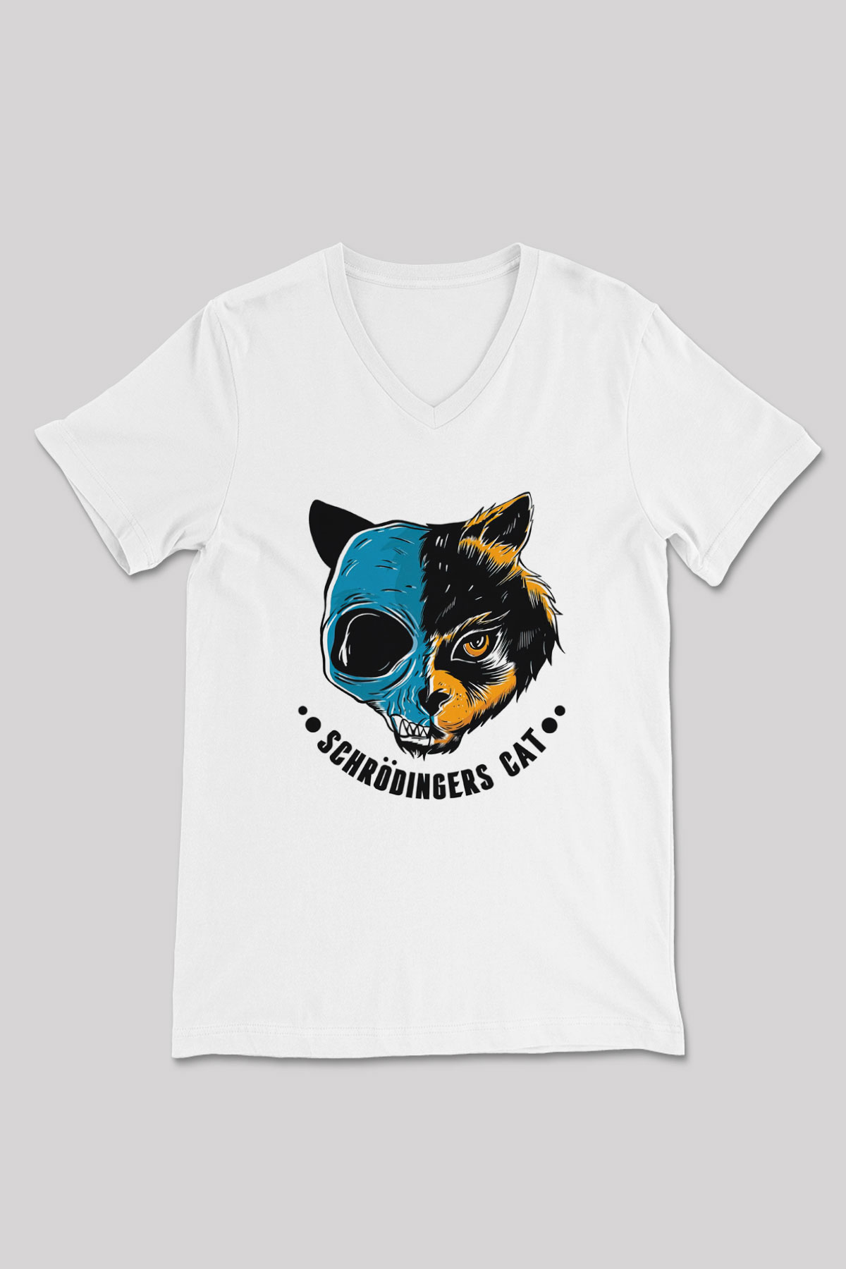 Schrödingerin Kedisi Ölü-Diri Baskılı Unisex V Yaka Beyaz Tişört - Tshirt