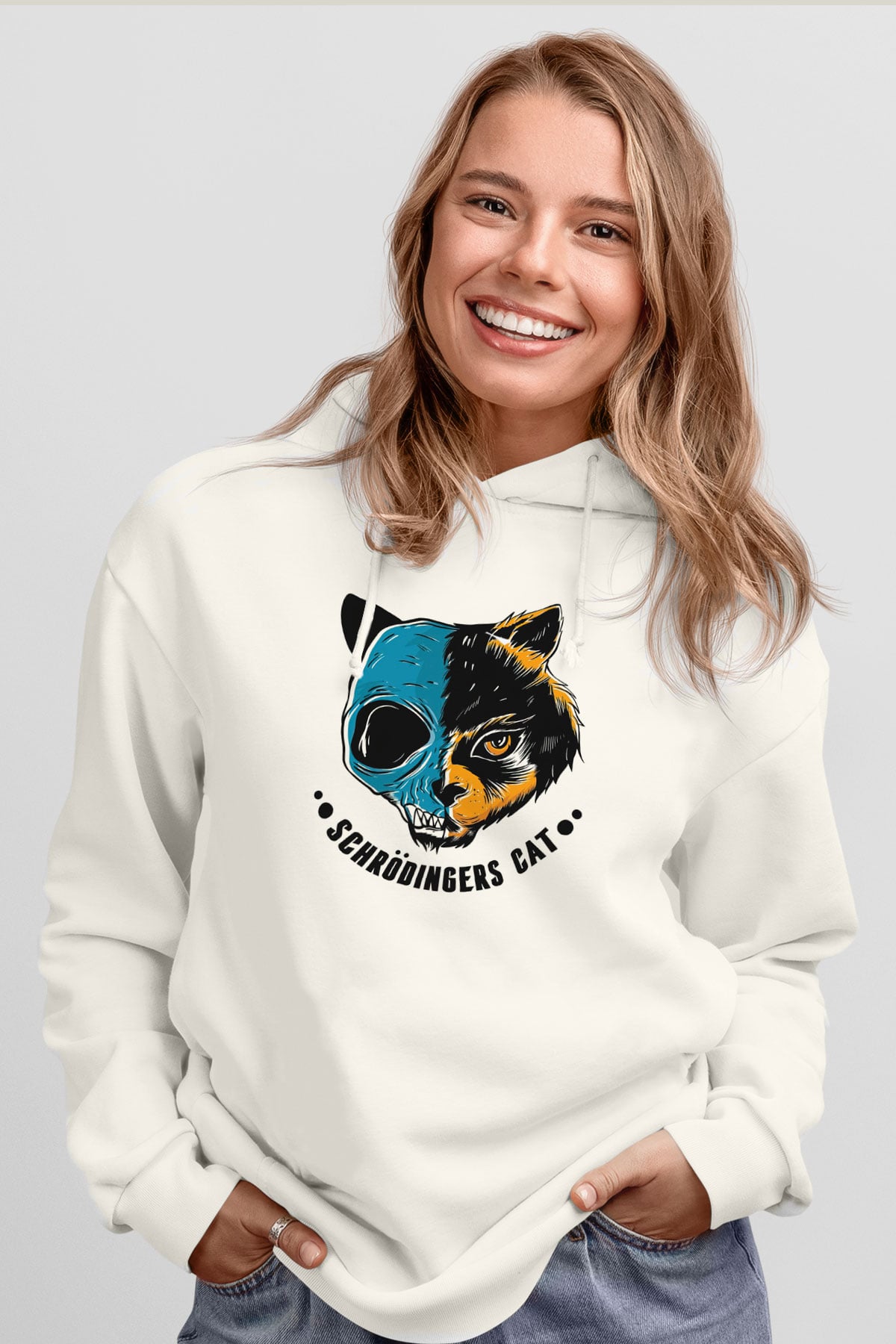 Schrödingerin Kedisi Ölü-Diri Baskılı Unisex Ekru Hoodie