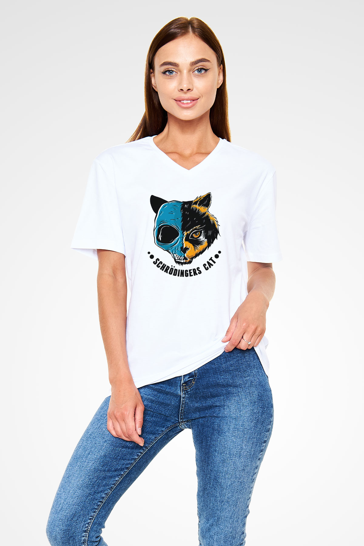 Schrödingerin Kedisi Ölü-Diri Baskılı Unisex V Yaka Beyaz Tişört - Tshirt