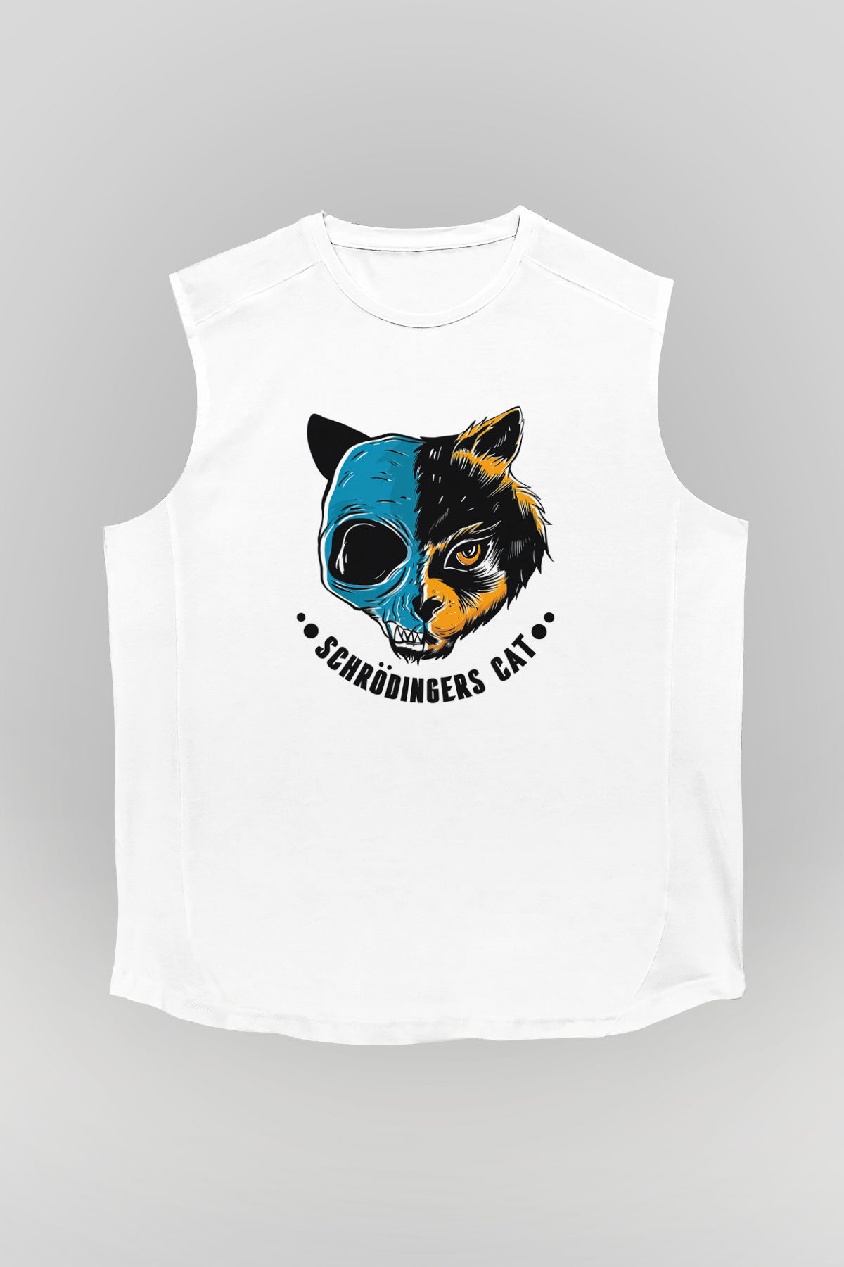 Schrödingerin Kedisi Ölü-Diri Baskılı Unisex Kolsuz Beyaz Tişört - Tshirt