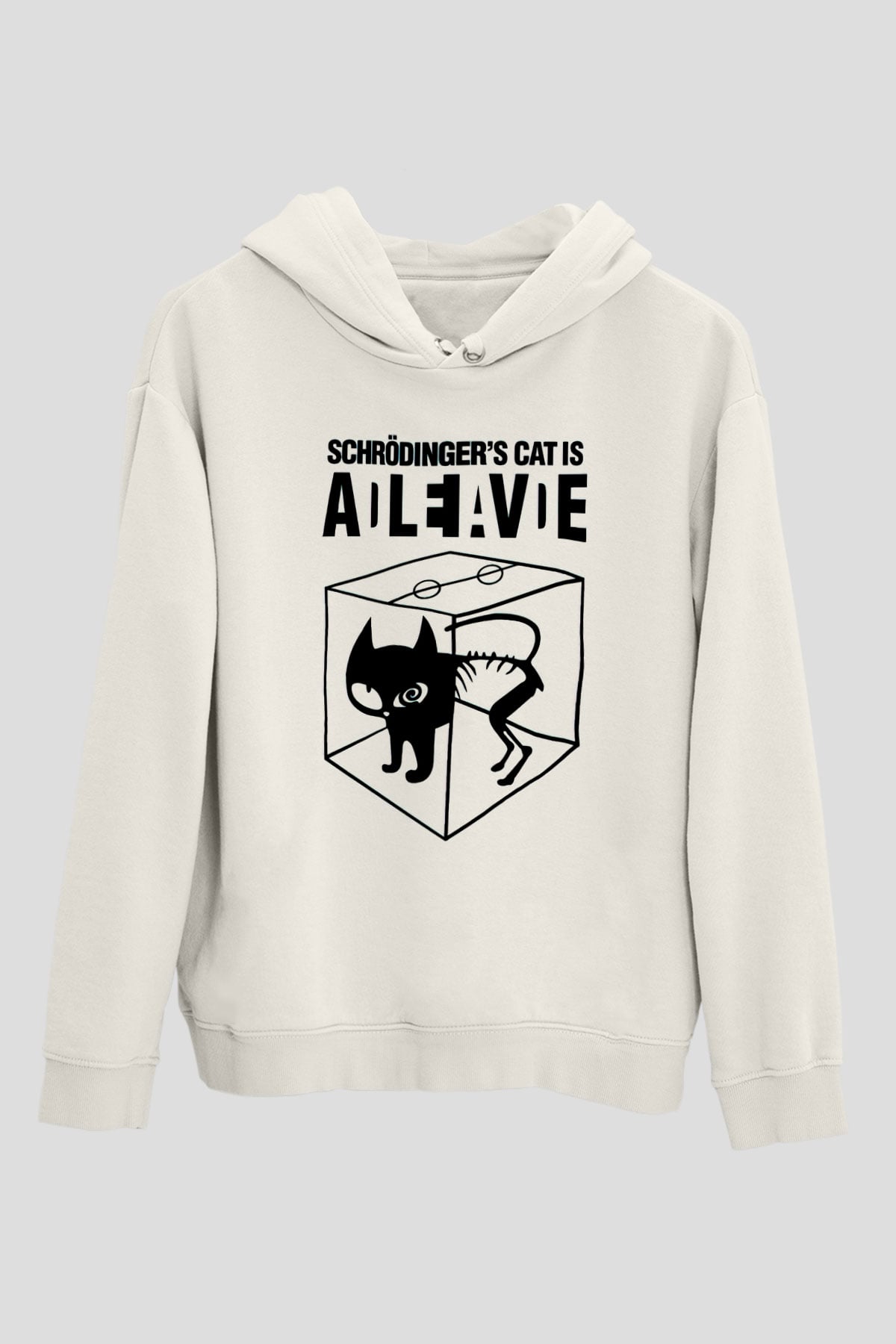 Schrödingerin Kedisi Süperpozisyon Baskılı Unisex Beyaz Hoodie
