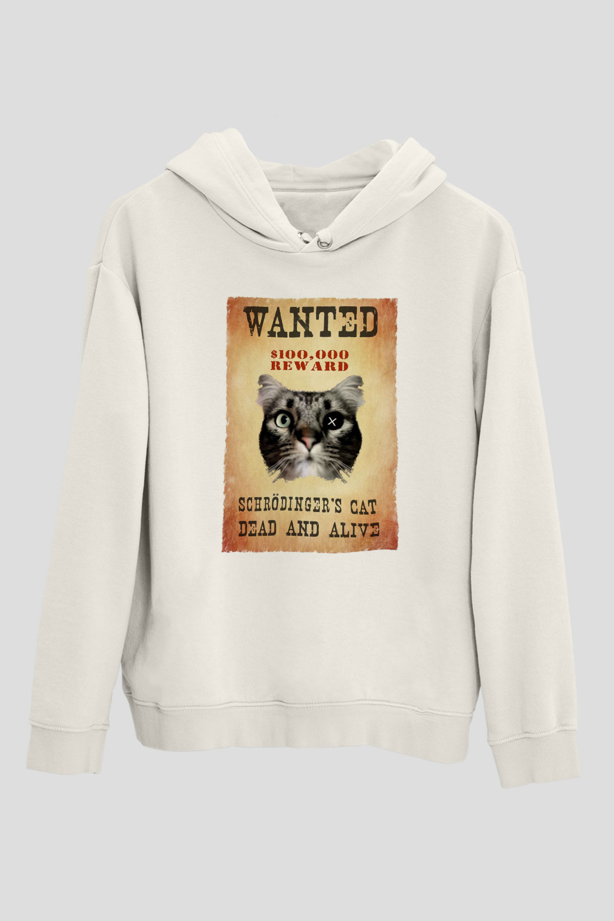Schrödingerin Kedisi Wanted Baskılı Unisex Ekru Hoodie