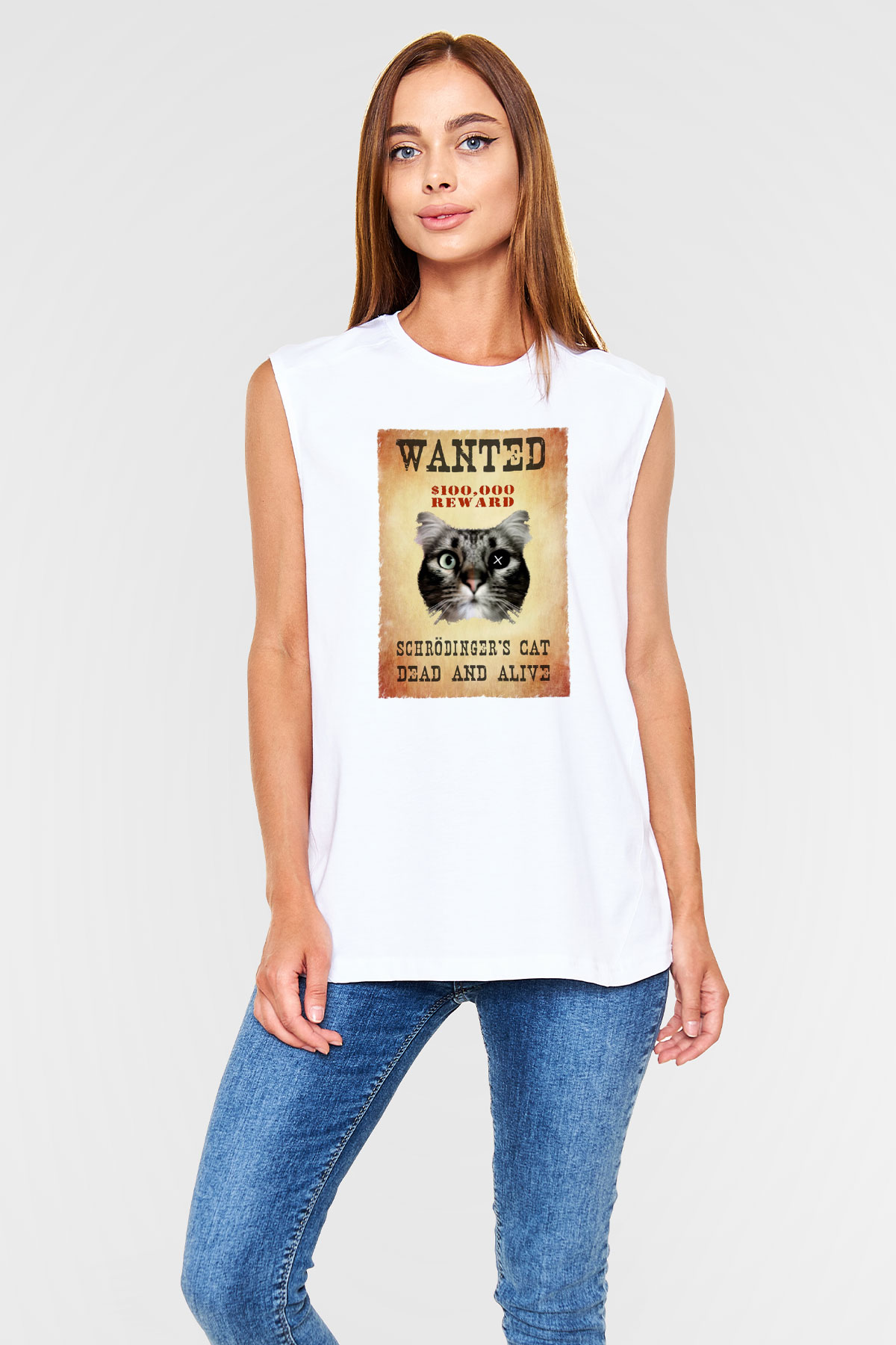 Schrödingerin Kedisi Wanted Baskılı Unisex Kolsuz Beyaz Tişört - Tshirt
