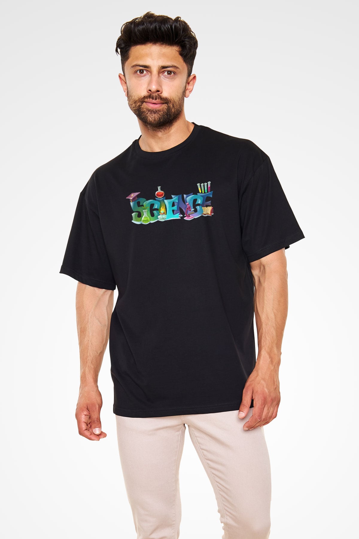 Science Baskılı Unisex Siyah Oversize Tişört