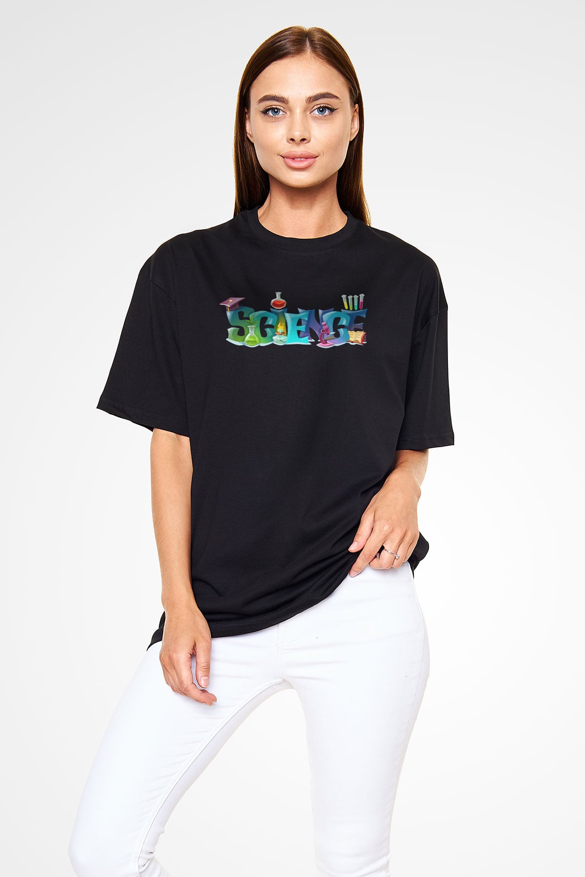 Science Baskılı Unisex Siyah Oversize Tişört