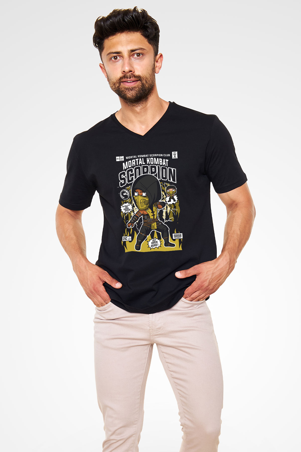 Scorpion Baskılı Unisex Siyah V Yaka Tişört