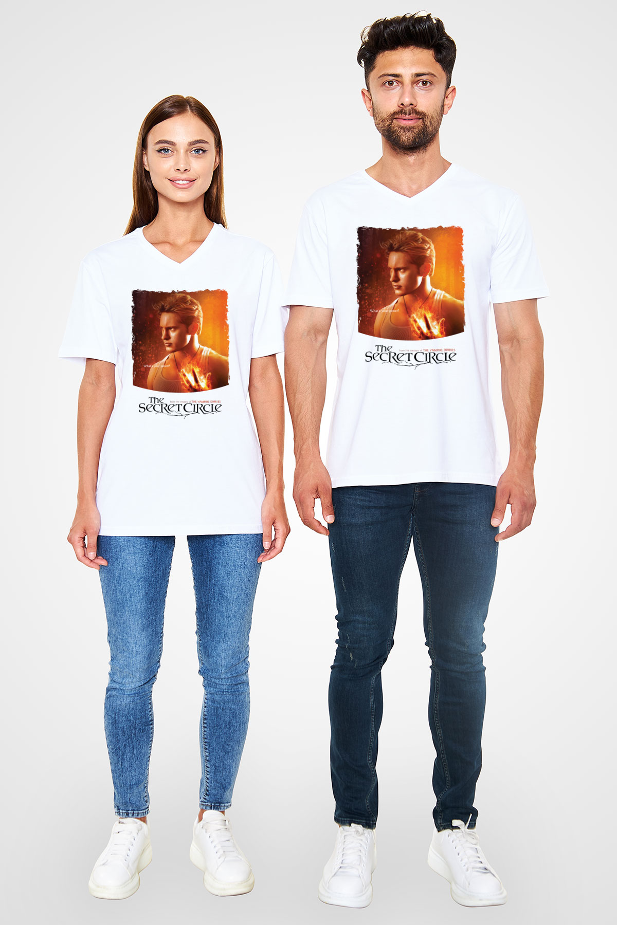 Secret Circle Beyaz Unisex V Yaka Tişört