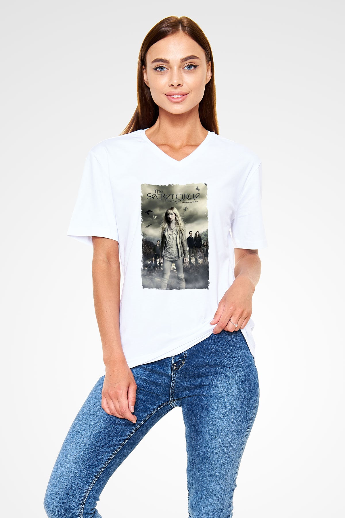 Secret Circle Beyaz Unisex V Yaka Tişört