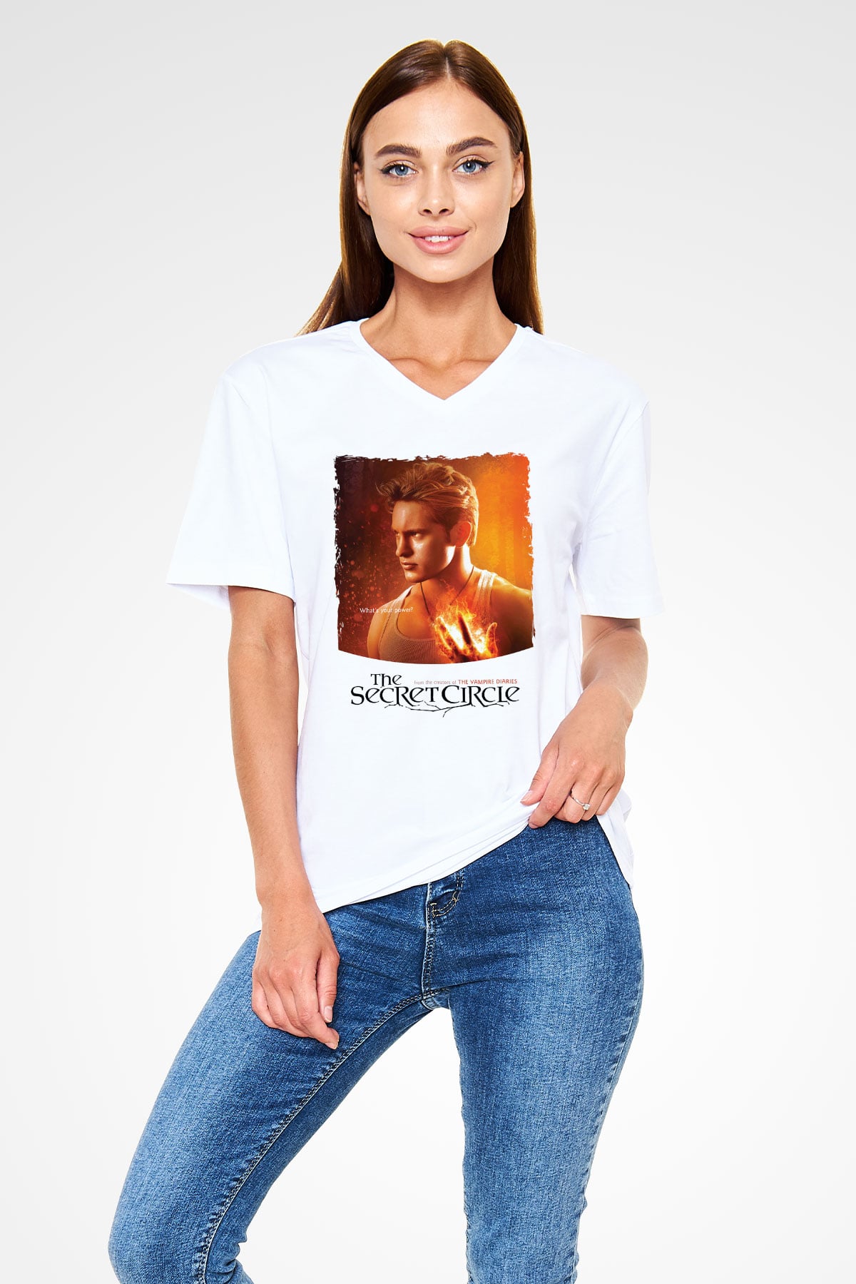 Secret Circle Beyaz Unisex V Yaka Tişört