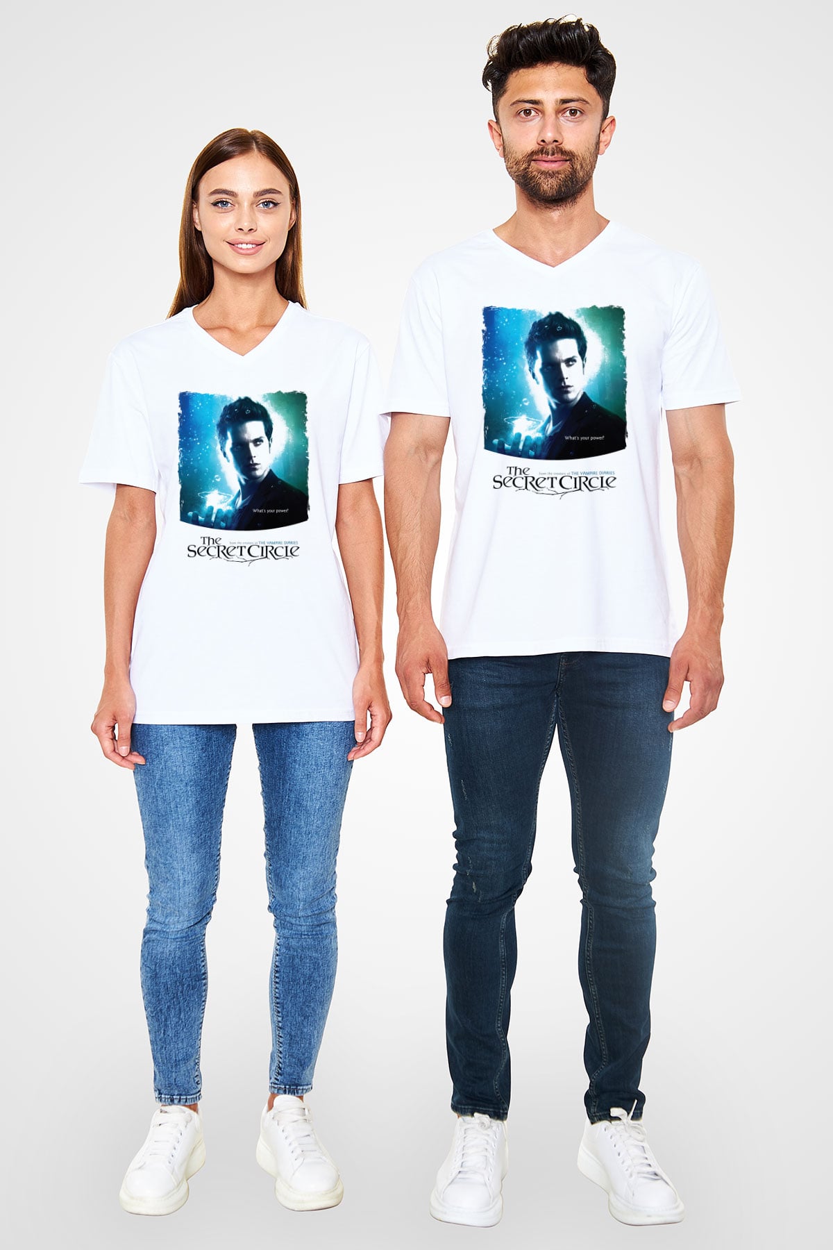 Secret Circle Beyaz Unisex V Yaka Tişört
