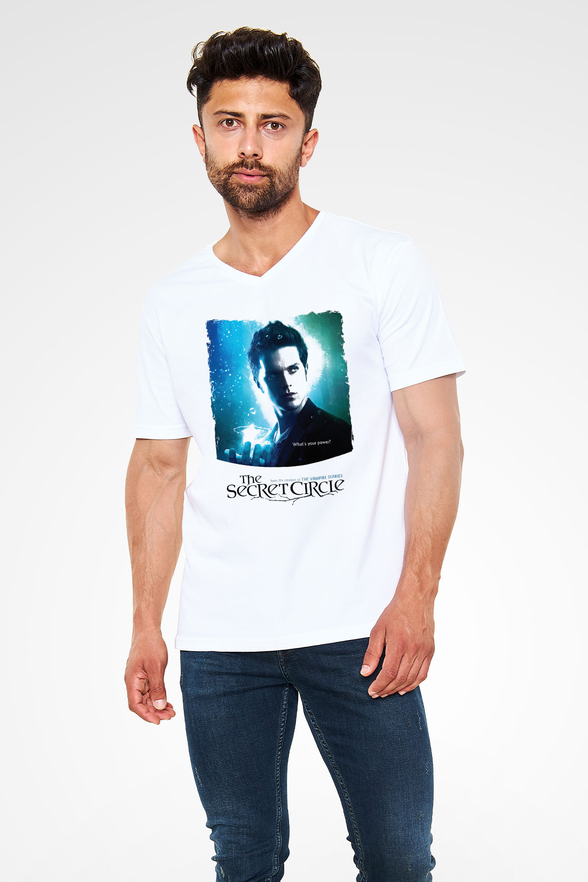 Secret Circle Beyaz Unisex V Yaka Tişört