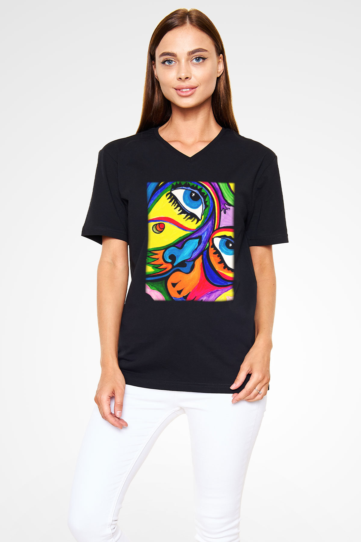 Şekil Siyah Unisex V Yaka Tişört T-Shirt