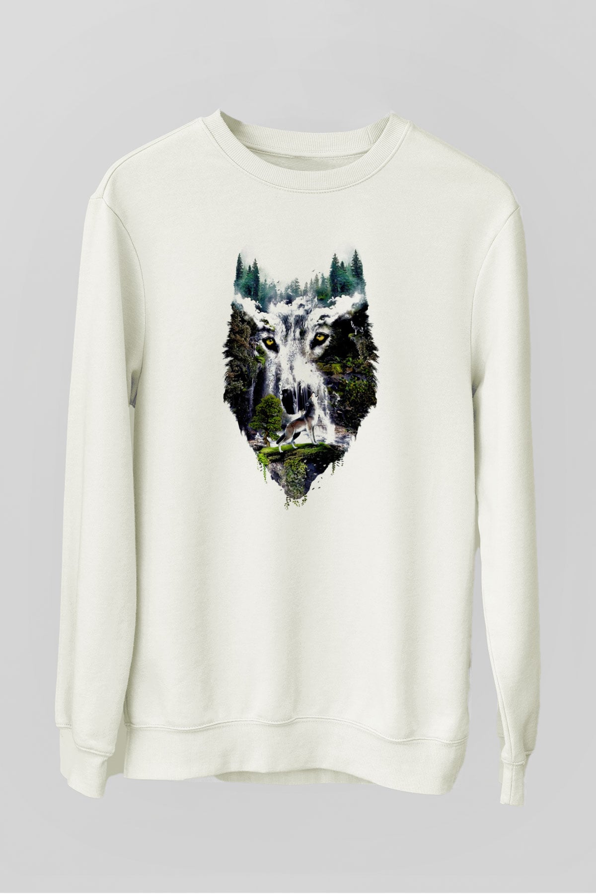 Şelale ve Kurt Baskılı Unisex Beyaz  Sweatshirt