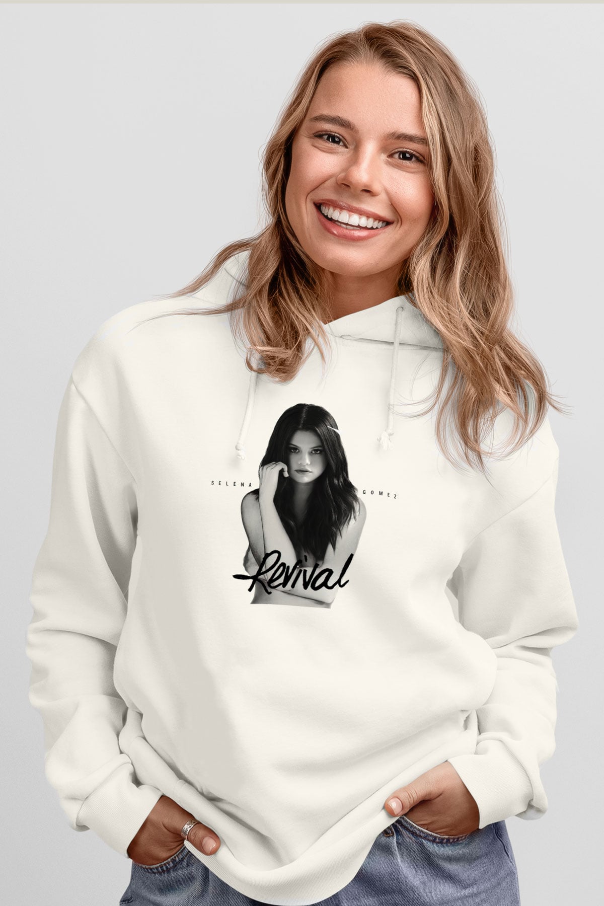 Selena Gomez Beyaz Unisex Kapşonlu Sweatshirt