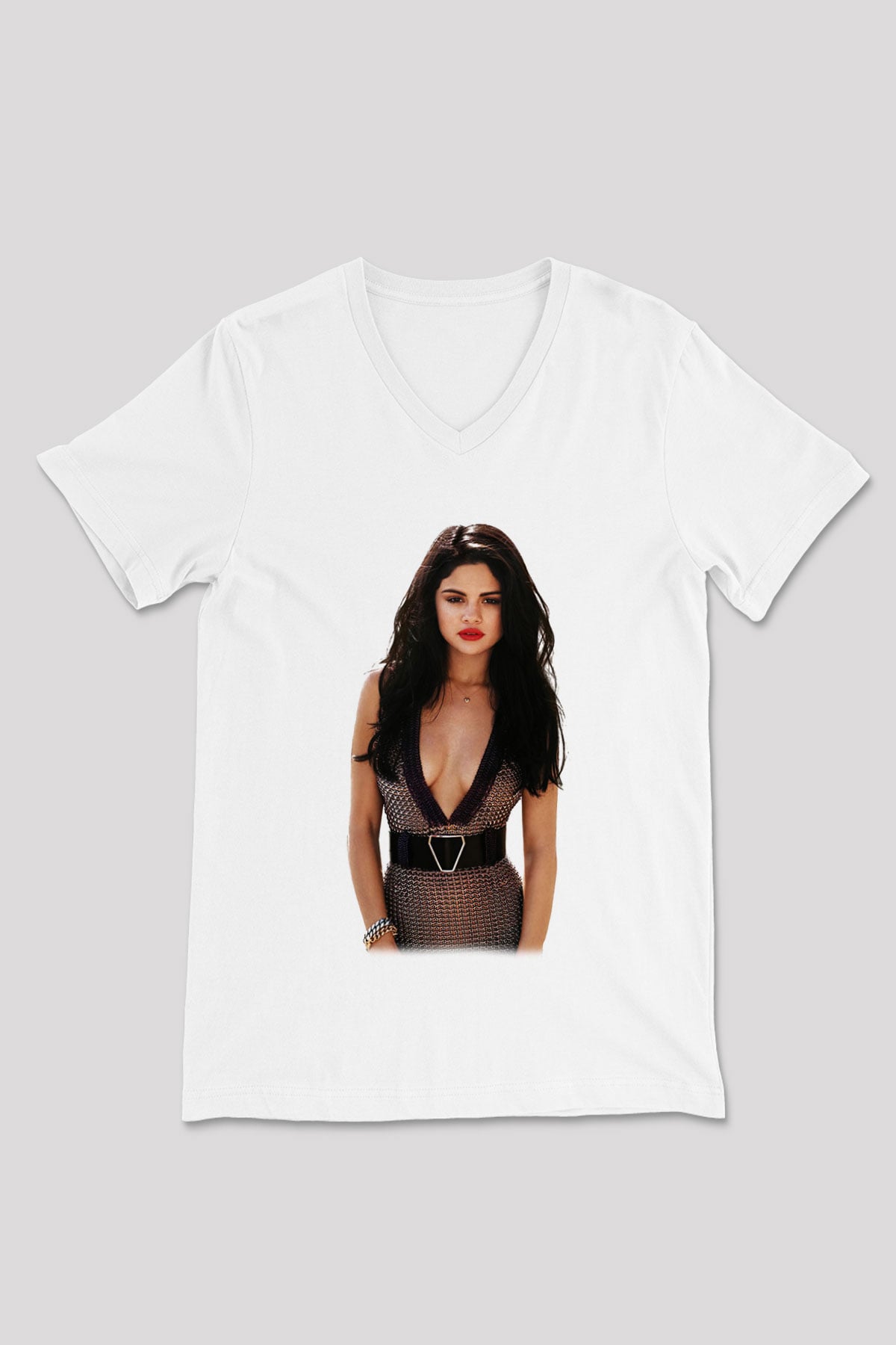 Selena Gomez Beyaz Unisex V Yaka Tişört T-Shirt