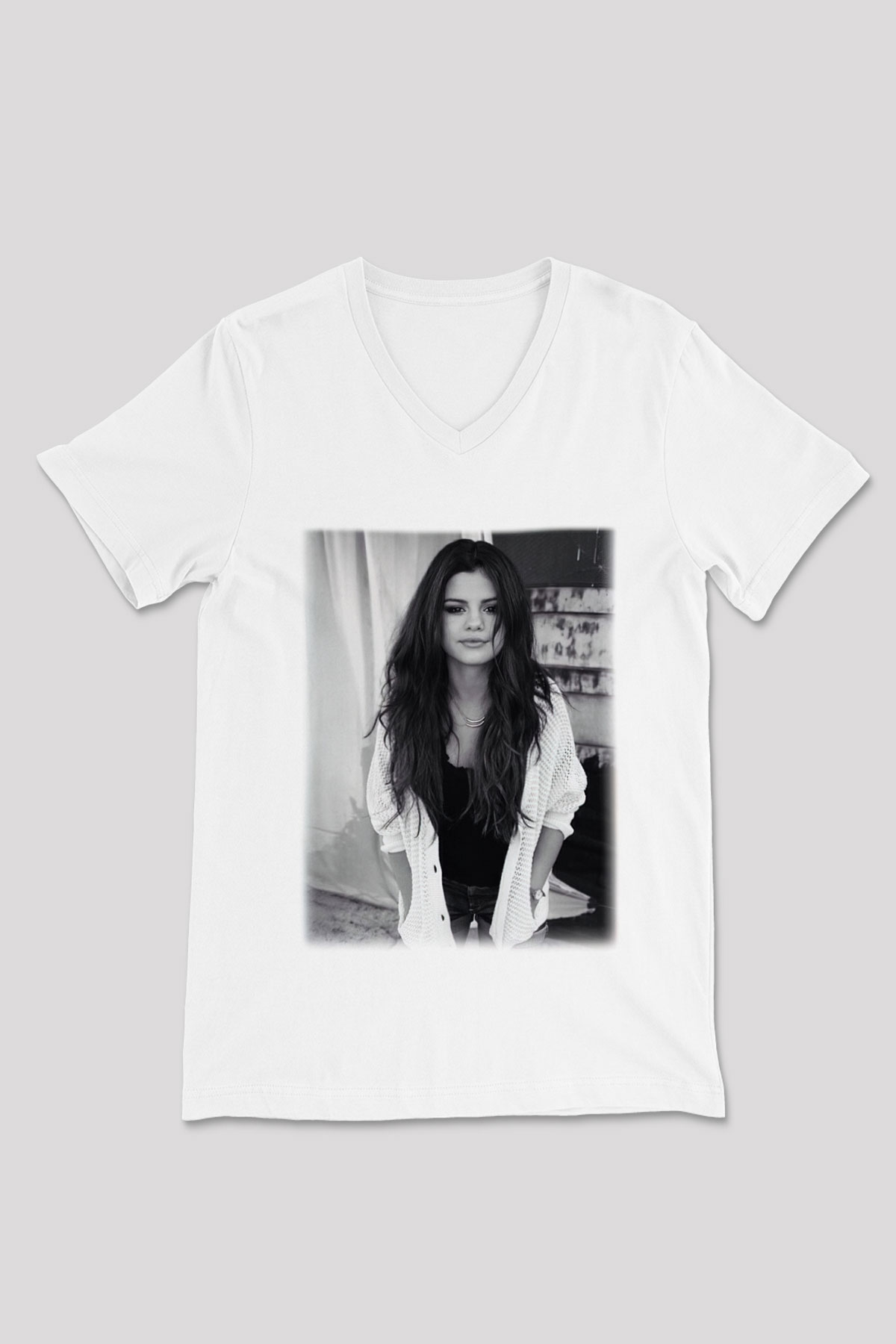 Selena Gomez Beyaz Unisex V Yaka Tişört T-Shirt