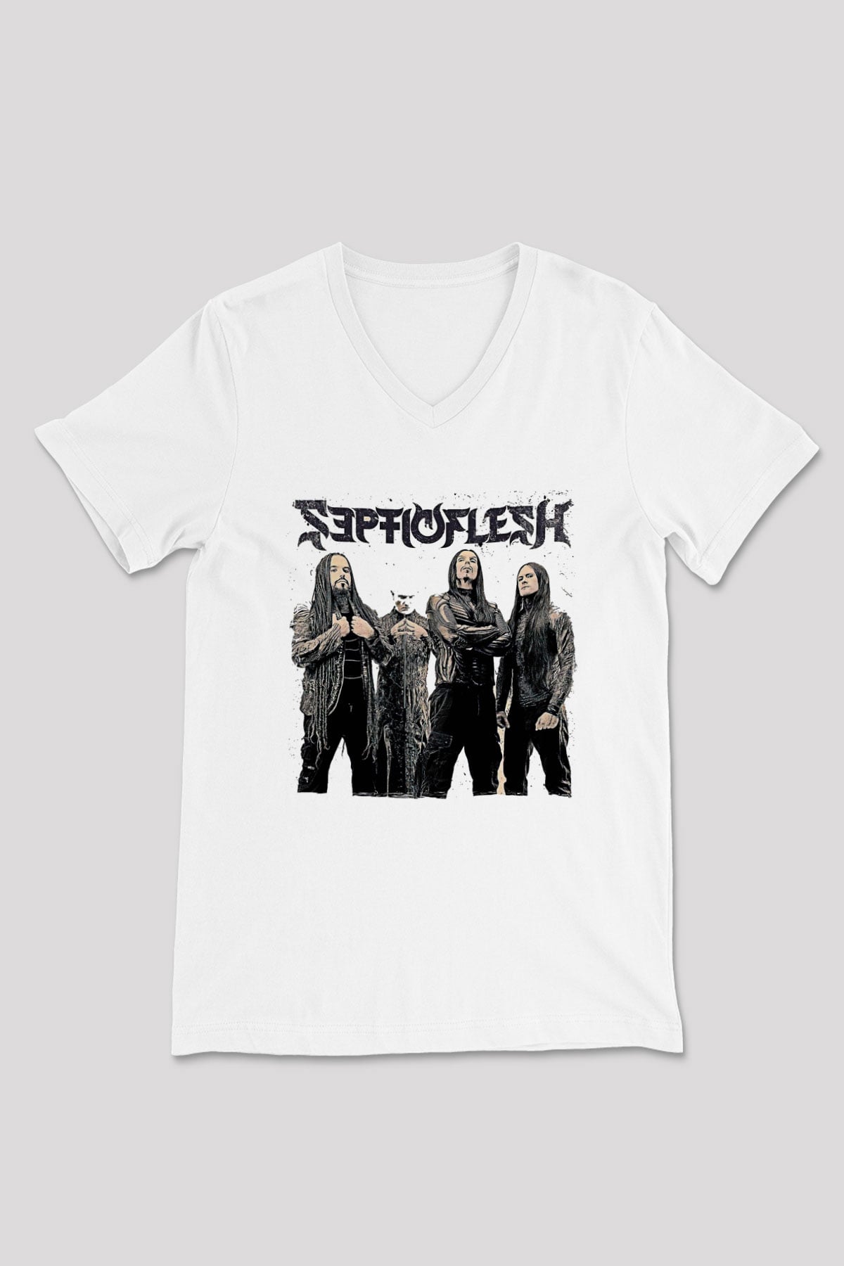 Septicflesh Baskılı Beyaz Unisex V Yaka Tişört - Tshirt