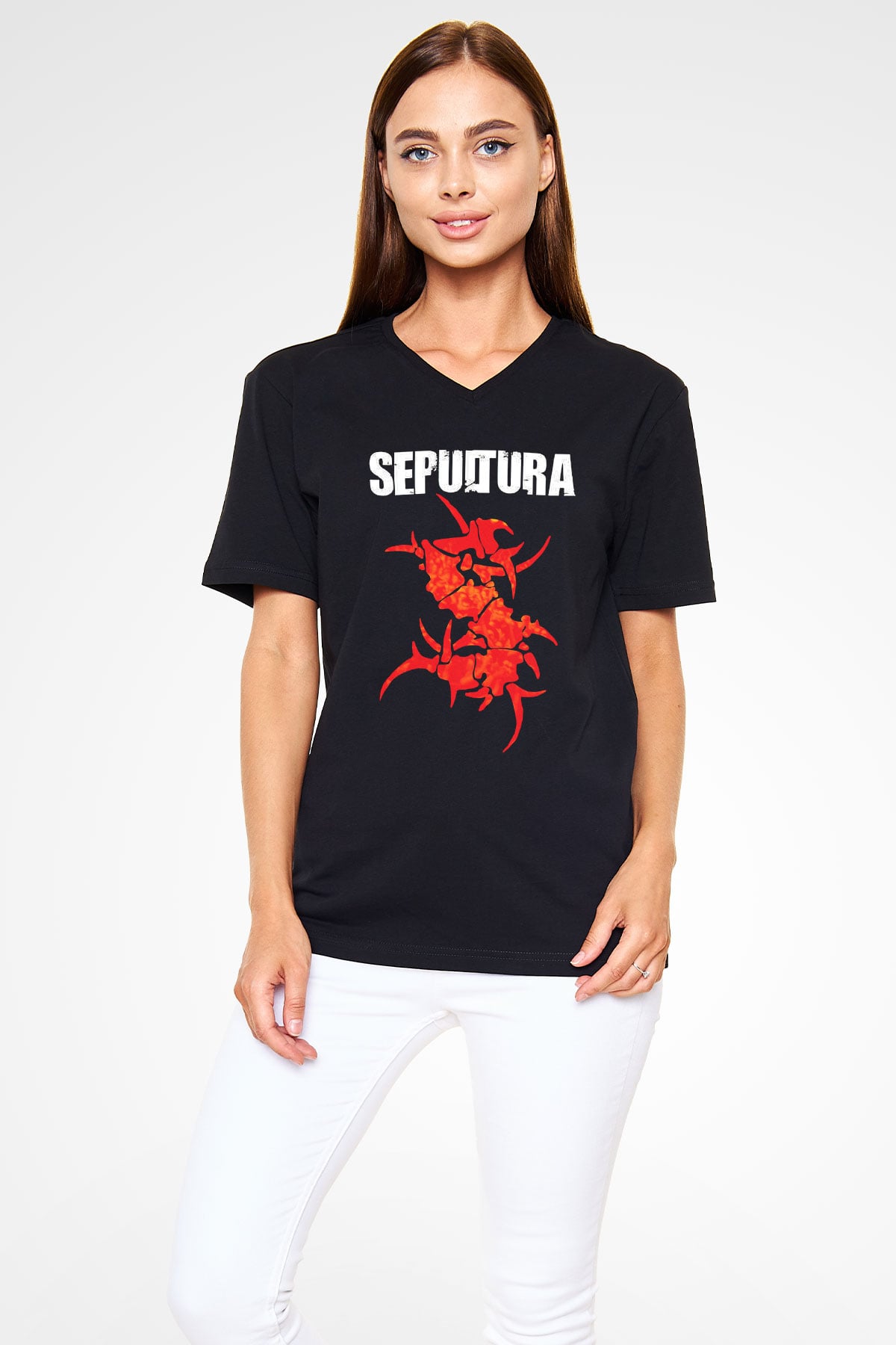 Sepultura Siyah Unisex V Yaka Tişört T-Shirt