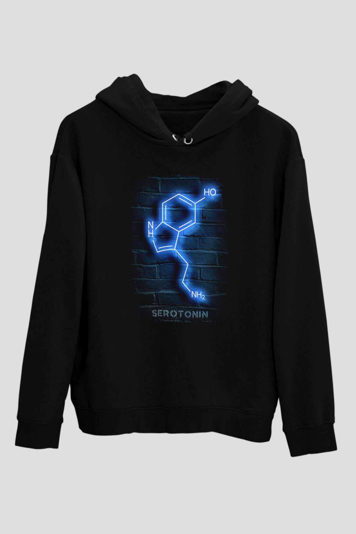 Seratonin Molekülü Neon Baskılı Unisex Siyah Kapüşonlu Sweatshirt