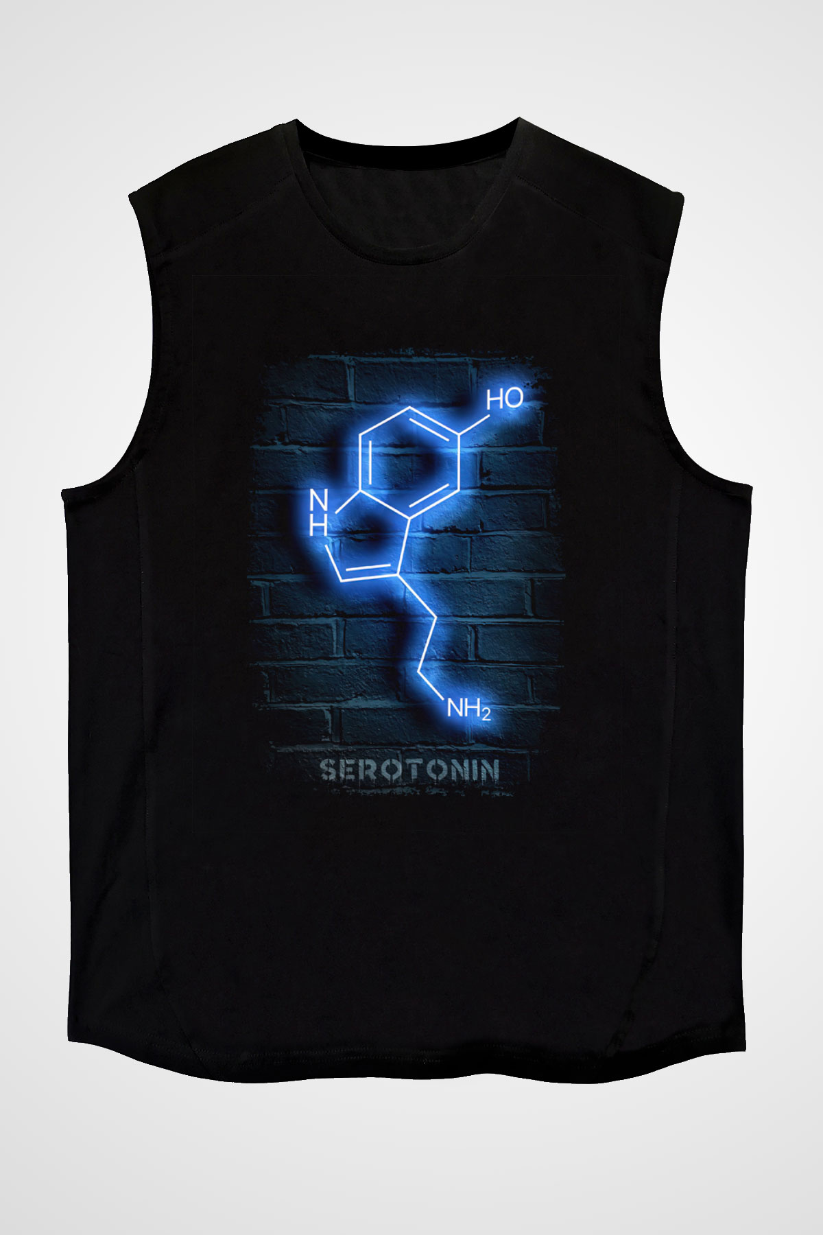 Seratonin Molekülü Neon Baskılı Unisex Kolsuz Siyah Tişört - Tshirt