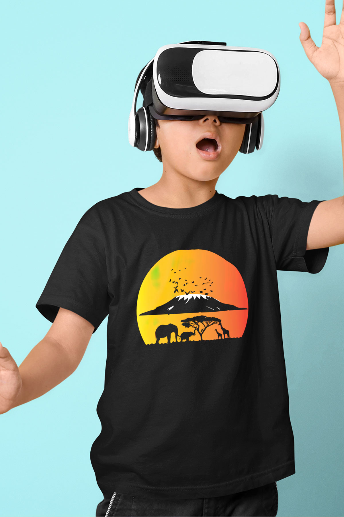 Serengeti Milli Park Baskılı Siyah Unisex Çocuk Tişört