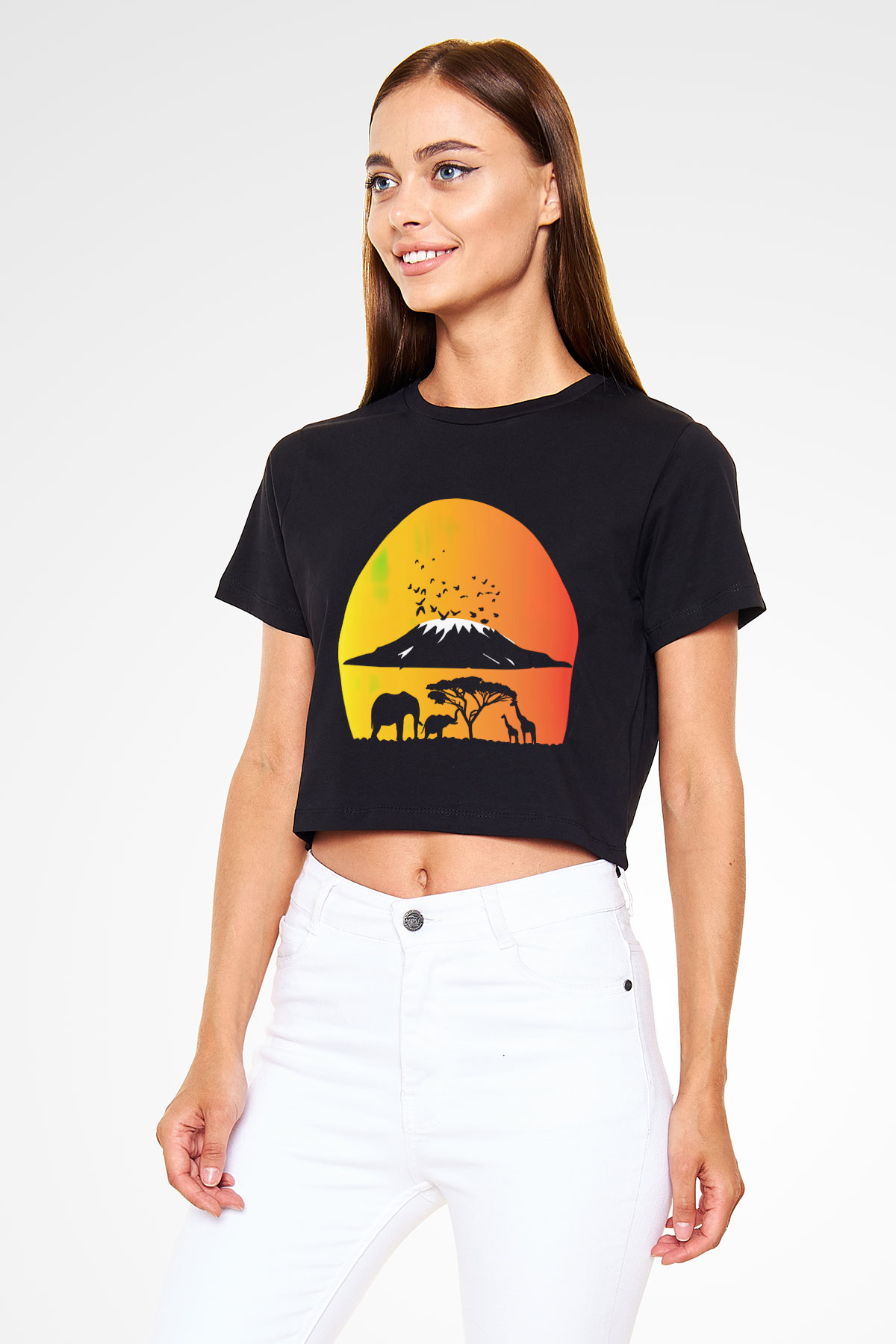 Serengeti Milli Park Siyah Crop Top Tişört