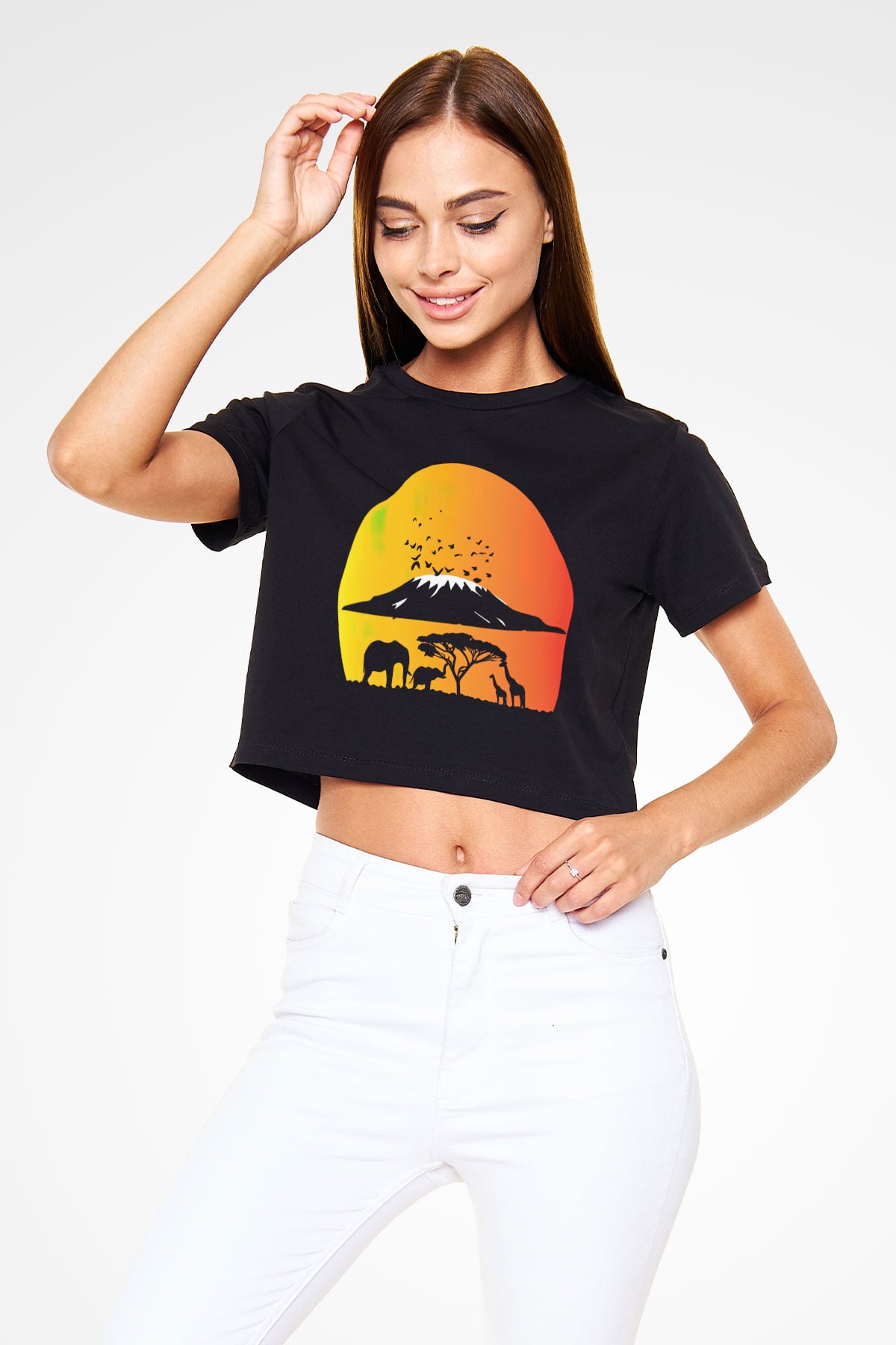 Serengeti Milli Park Siyah Crop Top Tişört