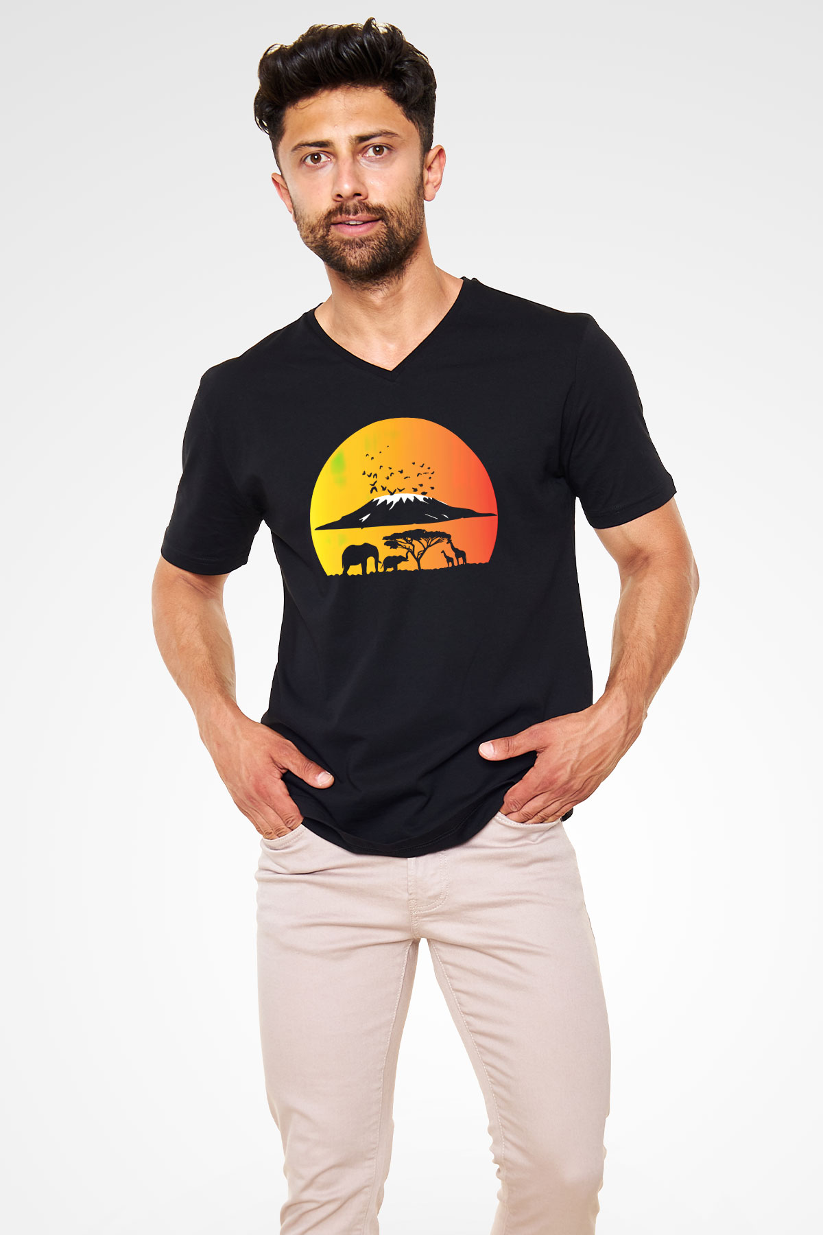 Serengeti Milli Park Siyah Unisex V Yaka Tişört T-Shirt