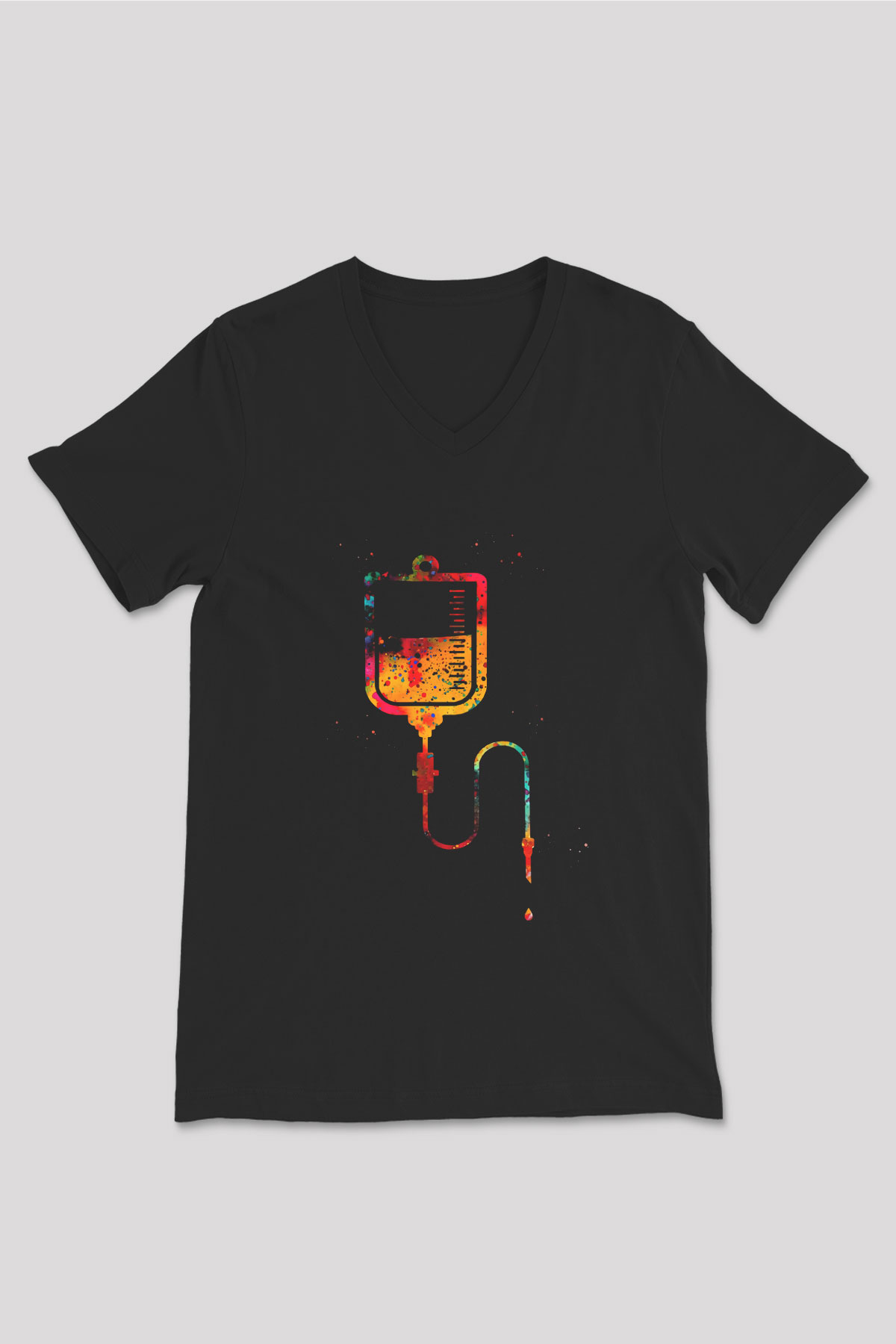 Serum Renkli Baskılı Unisex V Yaka Siyah Tİşört - Tshirt