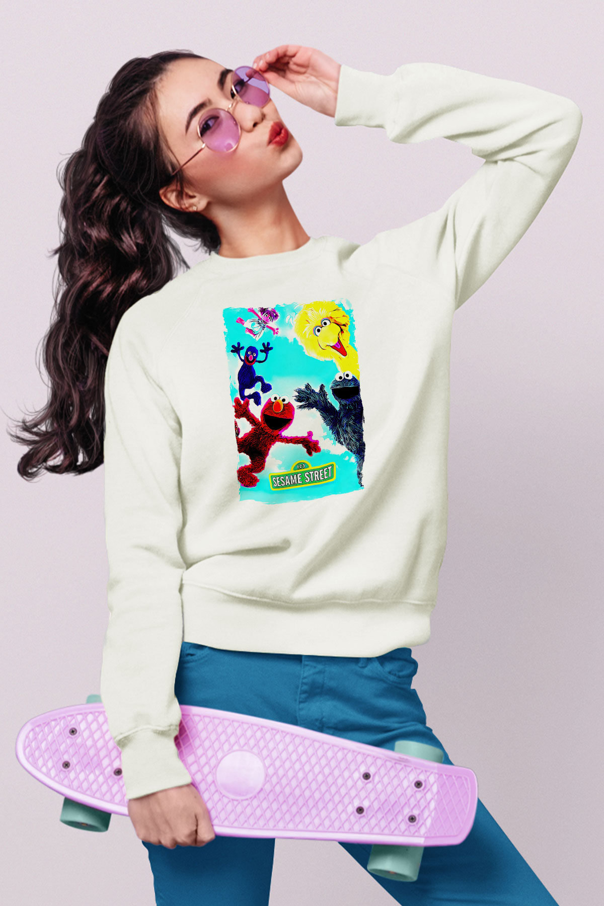 Sesame Street Susam Sokağı Beyaz Unisex  Sweatshirt
