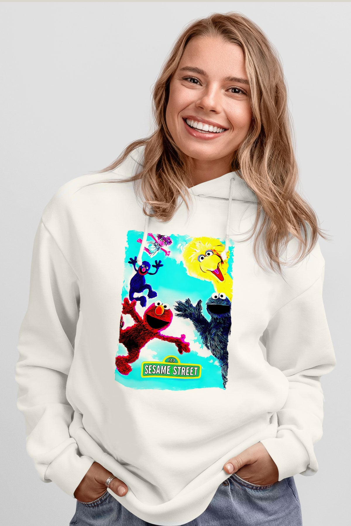 Sesame Street Susam Sokağı Beyaz Unisex Hoodie